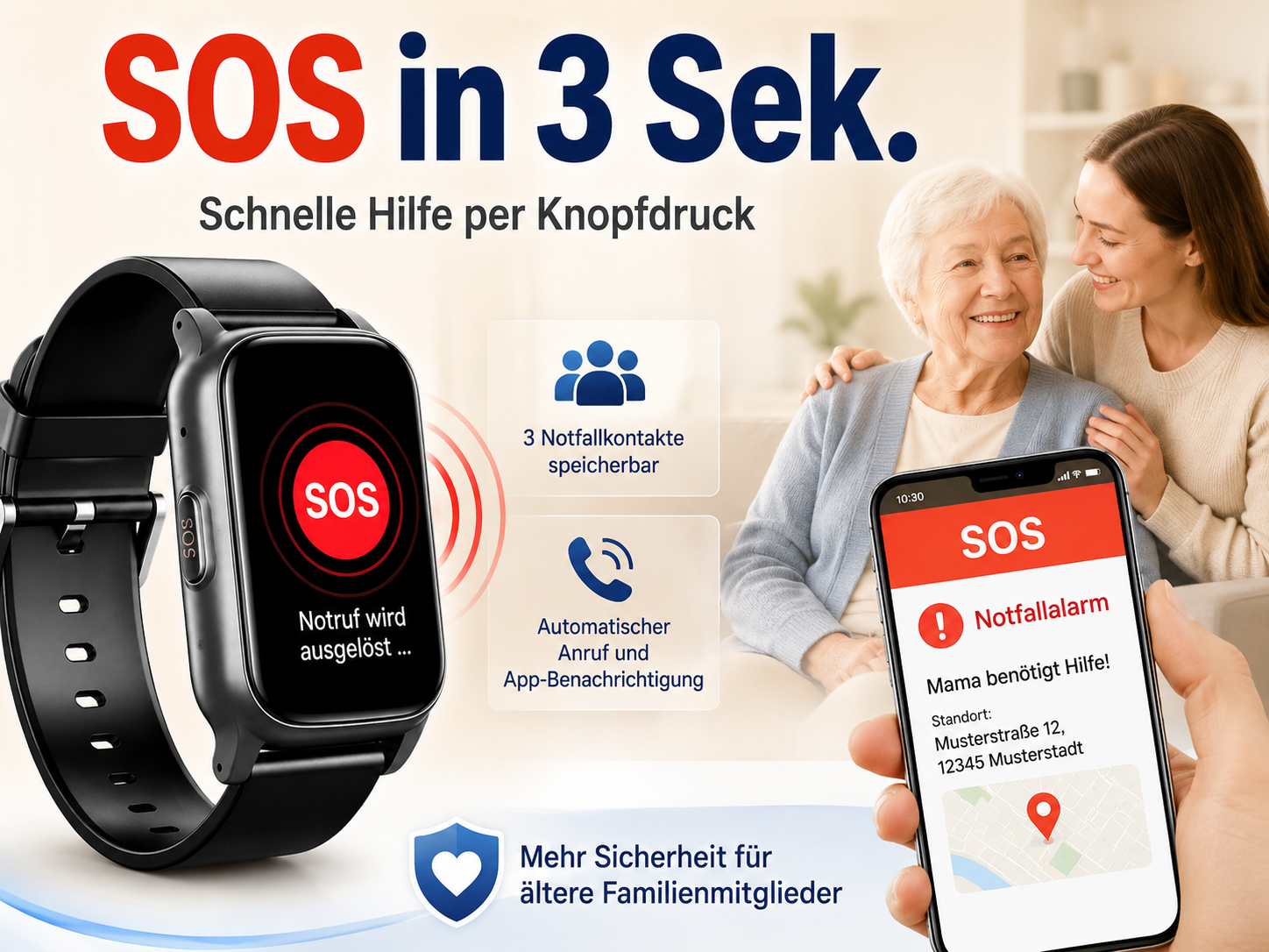 Smartwatch mit SOS-Funktion, Notfallalarm auf Handy & lächelnde Frauen.