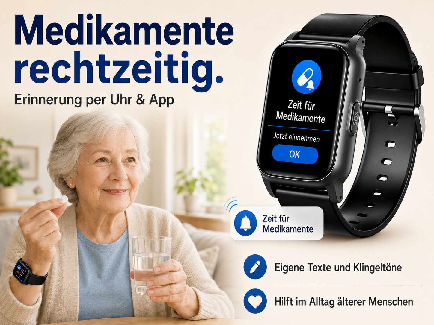 Ältere Frau hält Medikament und Wasserglas. Smartwatch zeigt Medikamentenerinnerung.