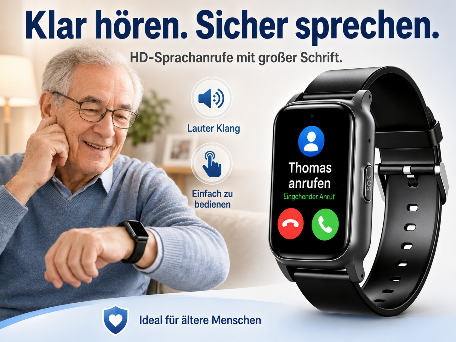 Älterer Mann mit Brille prüft seine Smartwatch, die einen eingehenden Anruf zeigt.