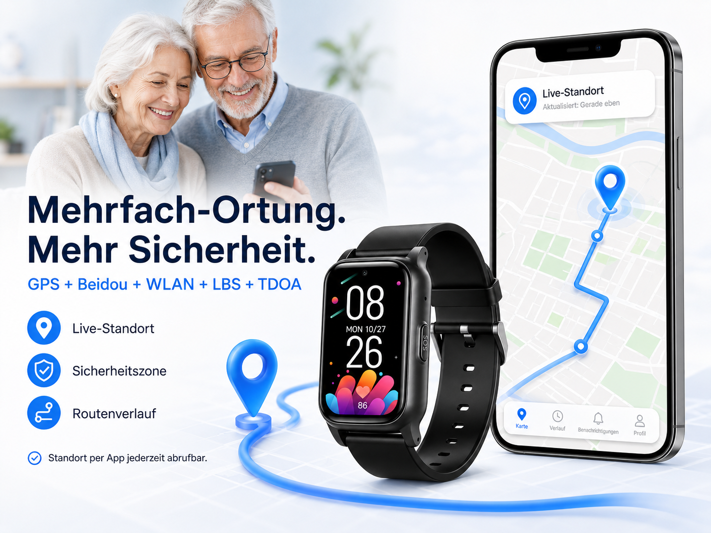 Senioren blicken auf ein Smartphone, daneben eine Smartwatch mit Karte.