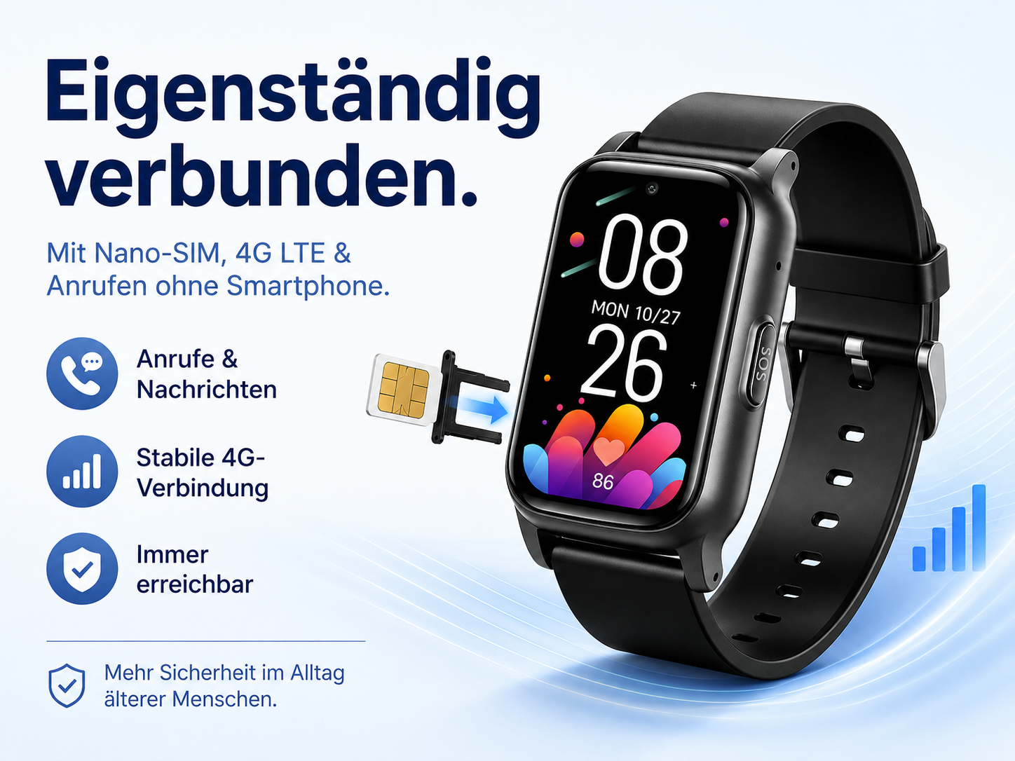 Schwarze Smartwatch mit Nano-SIM-Slot, Anzeige von Zeit & Herzfrequenz, 4G LTE-Symbol.