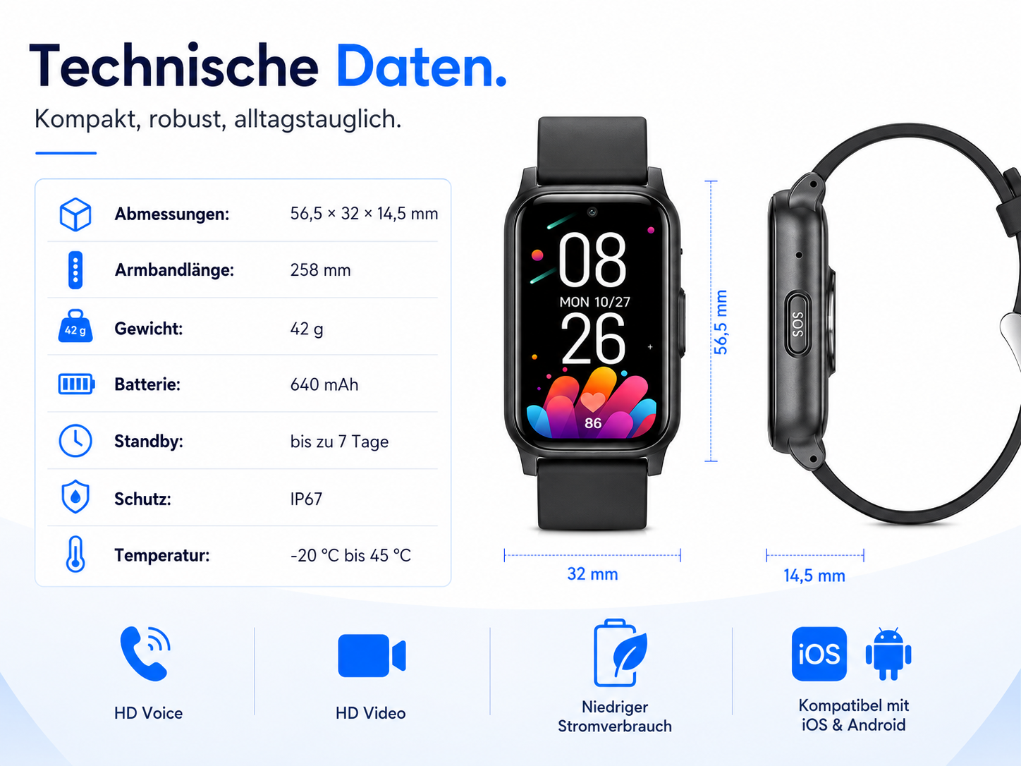 Technische Daten einer Smartwatch: Maße, Gewicht, Akku, Standby, Schutz, Temperatur.