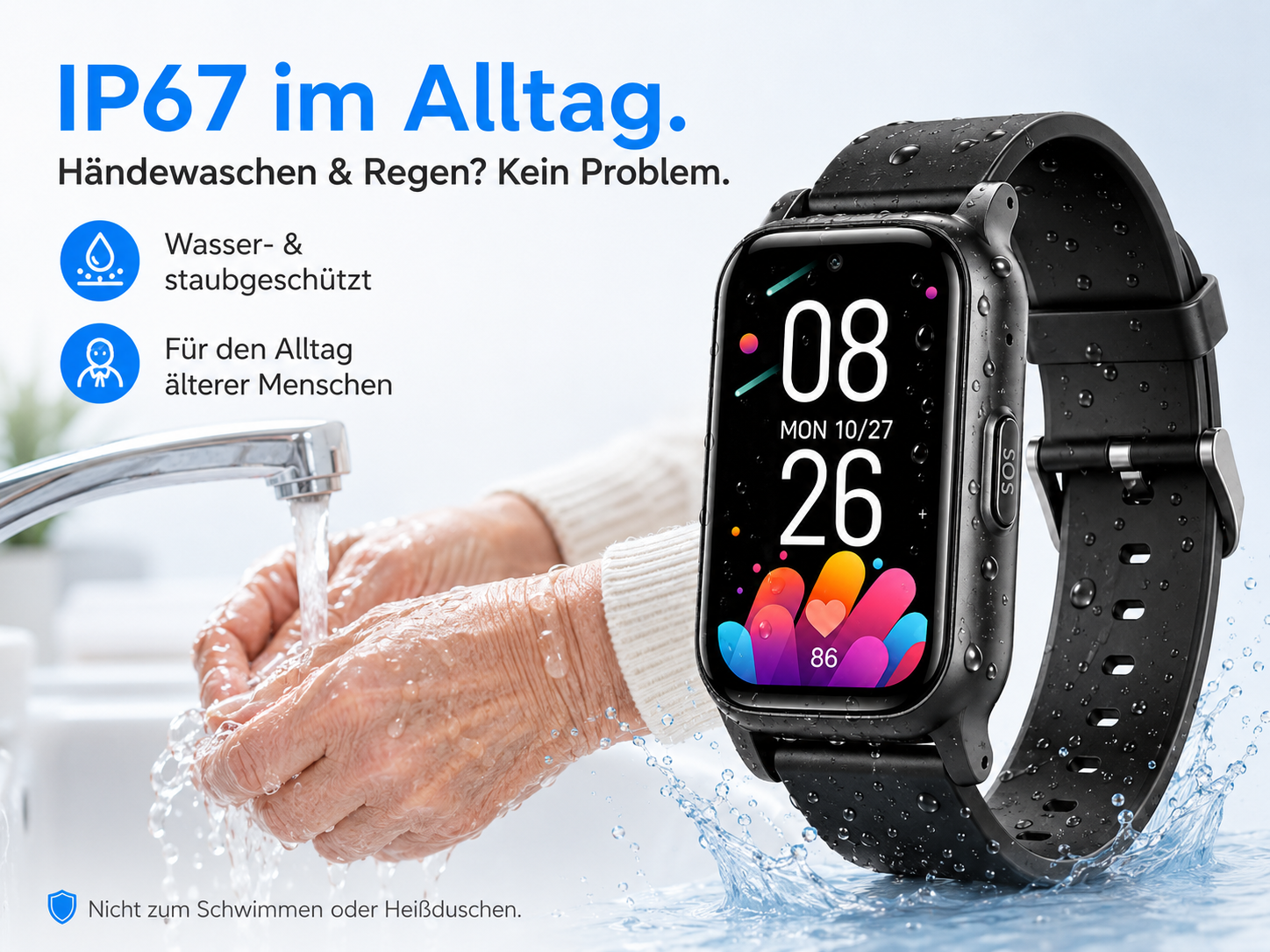 Eine Uhr wird unter fließendem Wasser getragen, um ihre Wasserdichtigkeit zu demonstrieren.