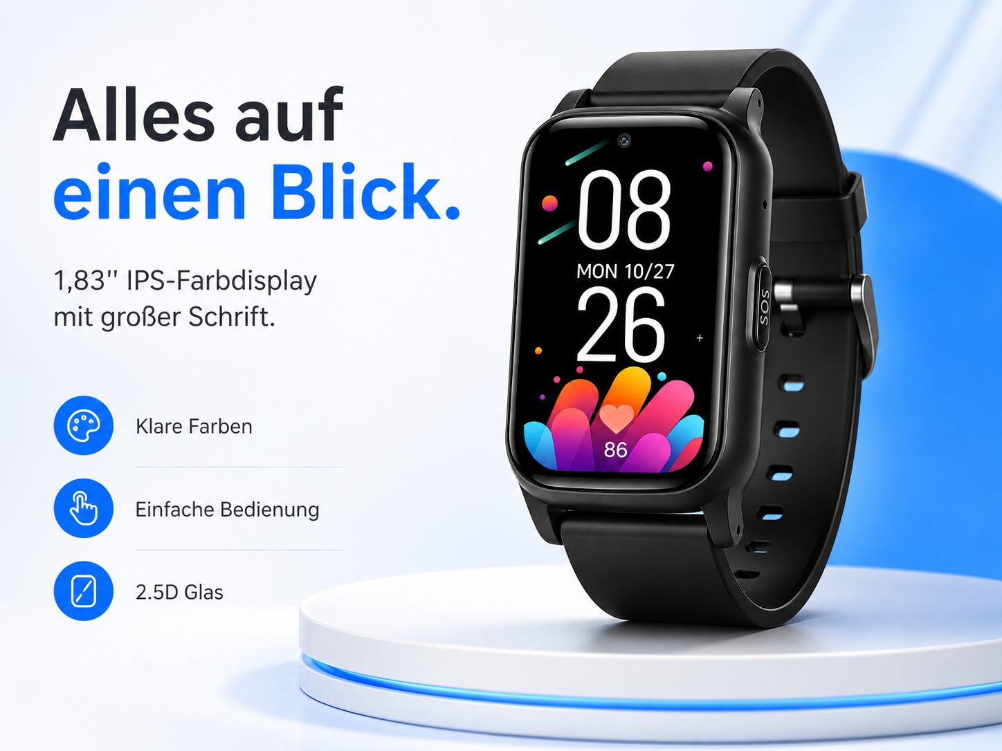 Schwarze Smartwatch mit großem Display zeigt Uhrzeit, Datum und Herzfrequenz.