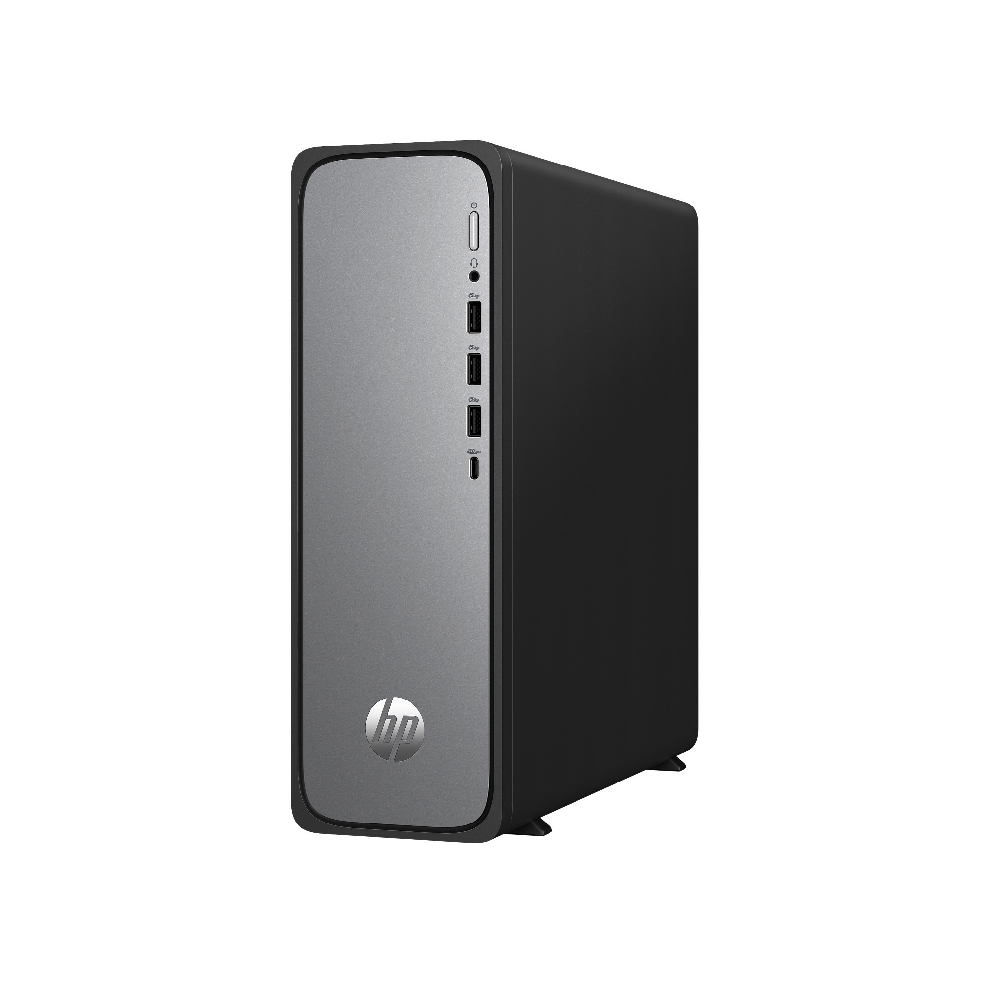 Una torre de escritorio HP negra con panel frontal plateado y puertos USB.