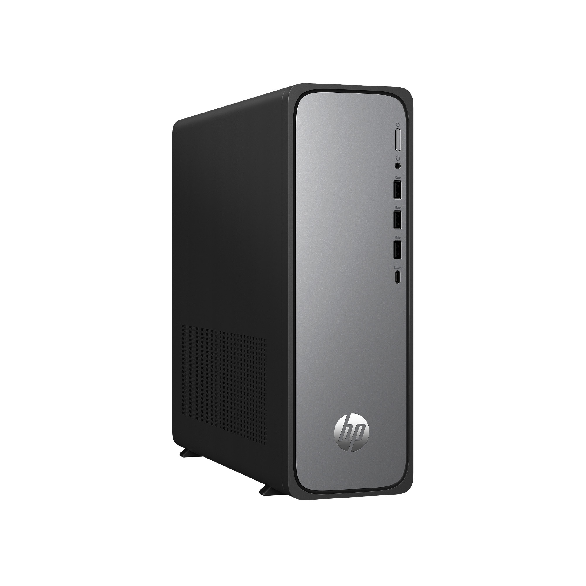 Un elegante PC torre negro HP con panel frontal plateado y puertos.