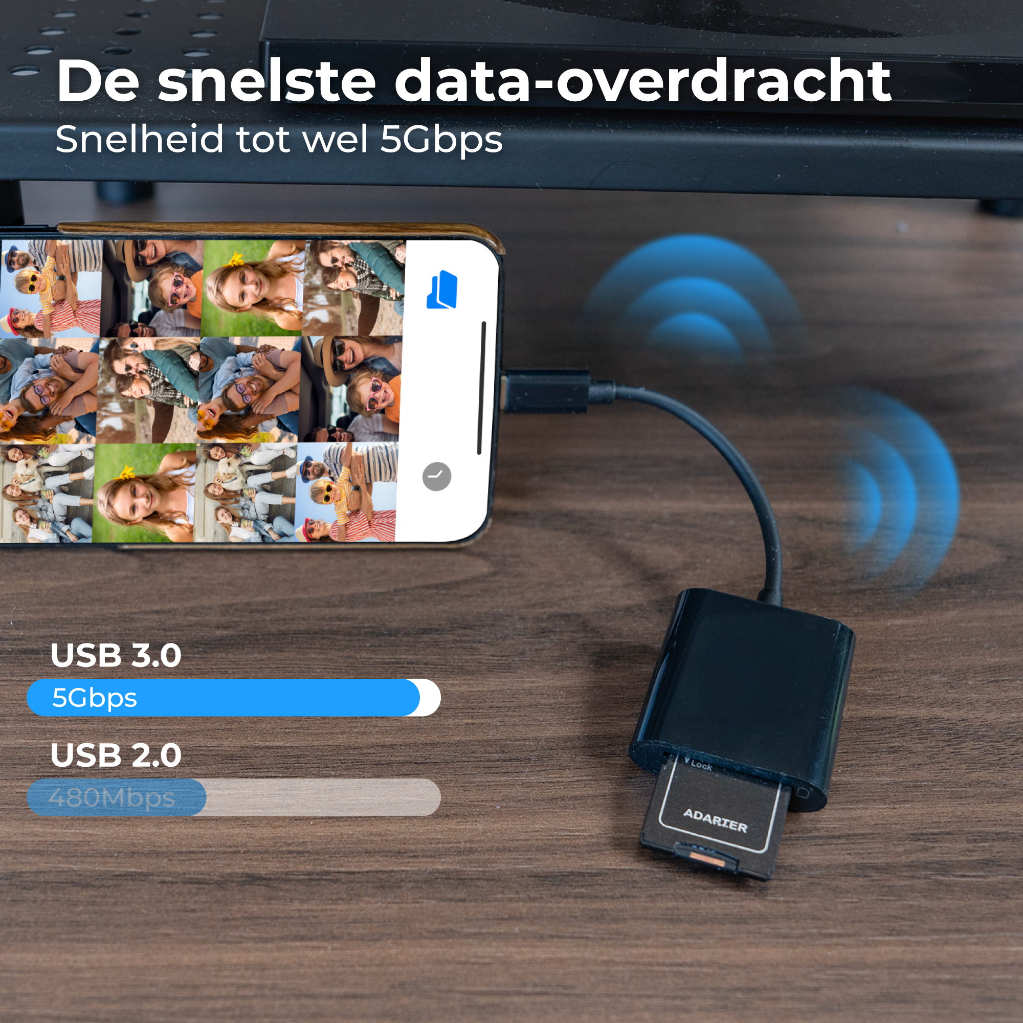Smartphone toont foto's verbonden met adapter. USB 3.0 5Gbps.