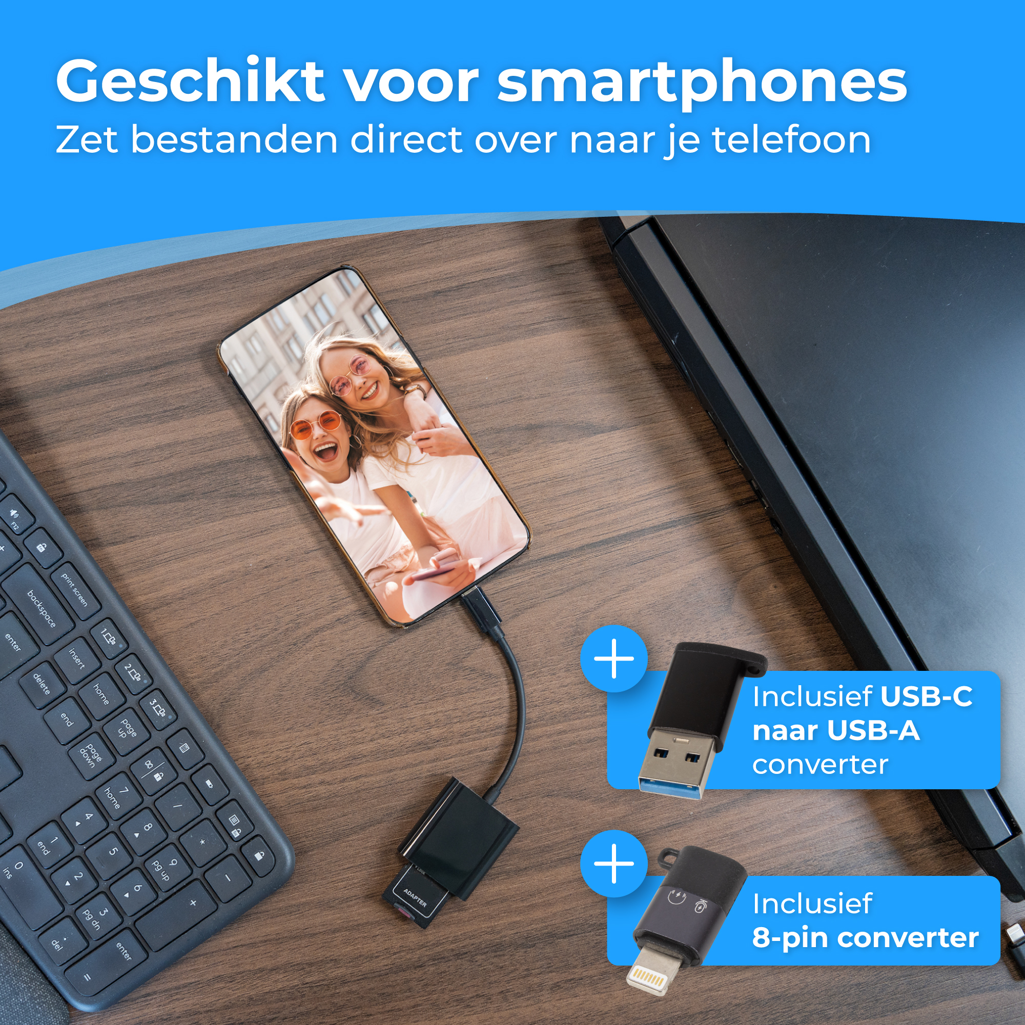 Smartphone-accessoires: adapter, USB-C naar USB-A en 8-pins converter.