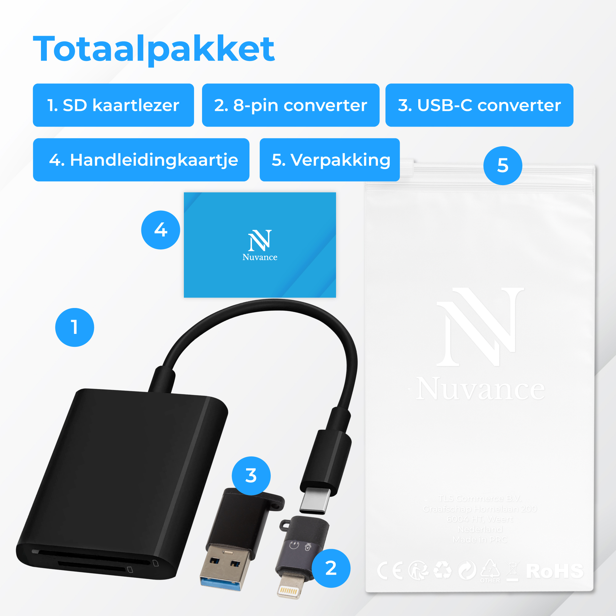 Een zwarte SD-kaartlezer met USB-C, een USB-adapter en een Lightning-adapter.
