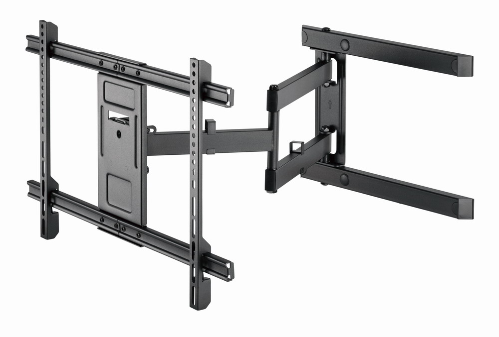 A black articulating TV wall mount with an extendable arm.