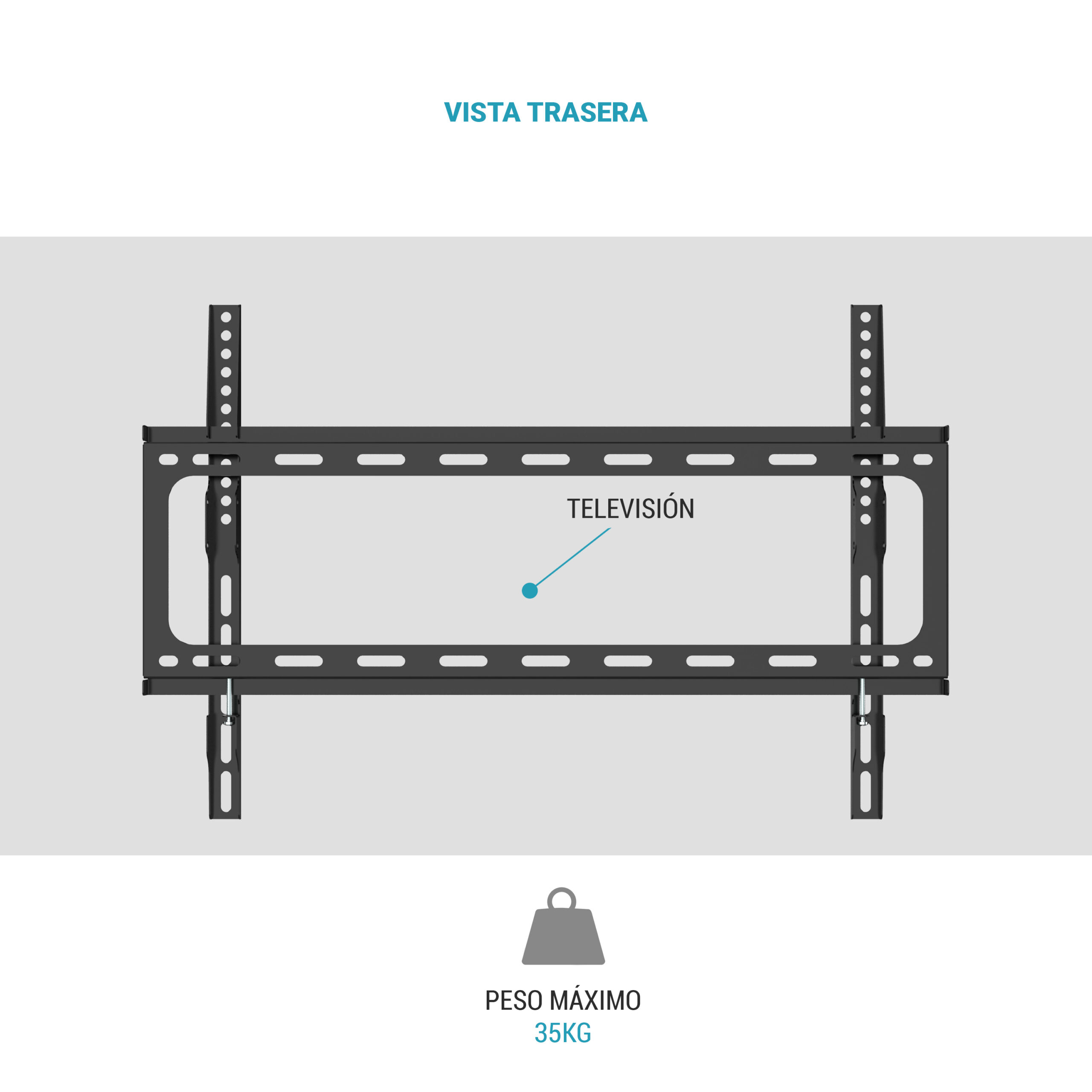 Soporte de pared para TV negro con agujeros y tornillos, carga máx 35 kg.