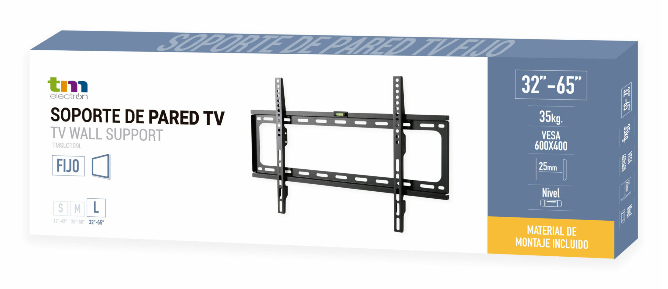 Soporte pared TV negro para 32-65", 35 kg, VESA 600x400, incluye nivel.