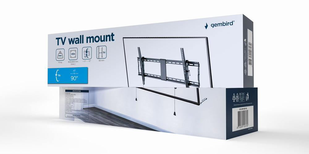 Gembird TV wall mount packaging showing specs and a picture of the mount.