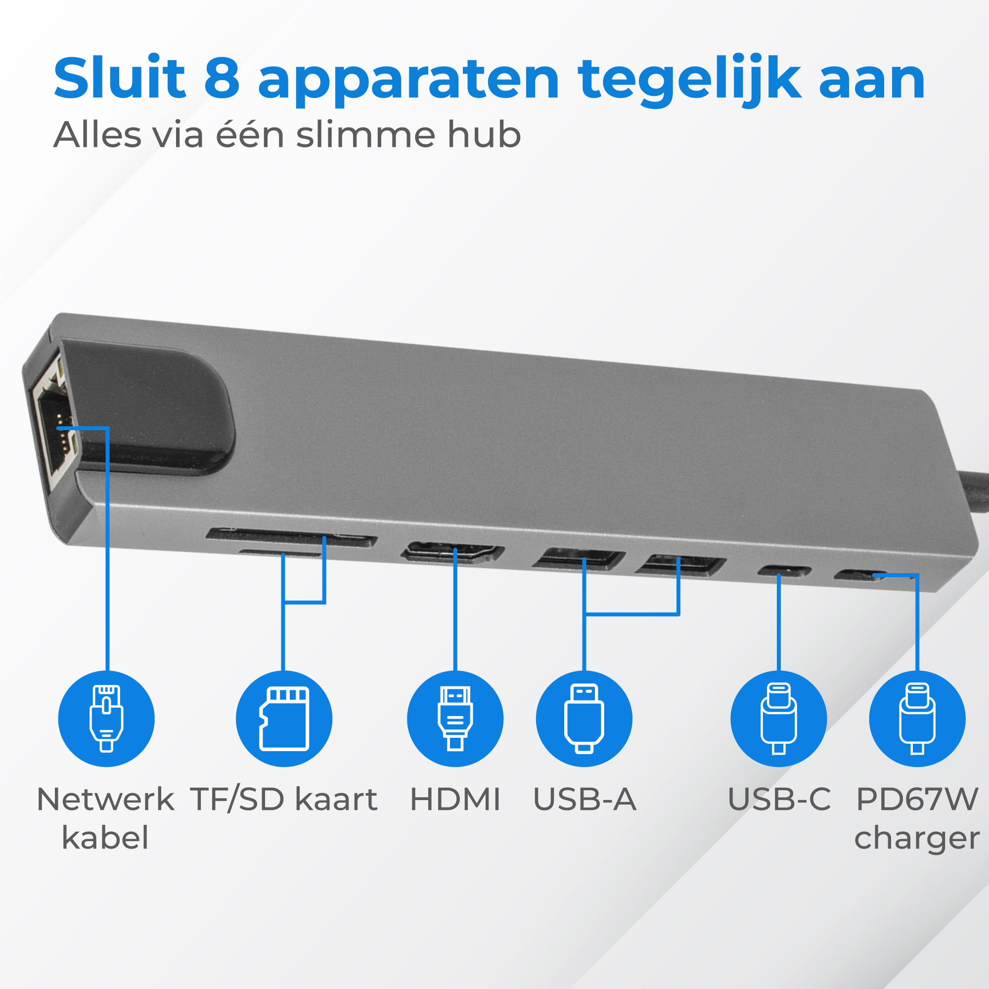 Grijze USB-C hub met poorten voor netwerk, SD-kaart, HDMI, USB-A, USB-C, lader.