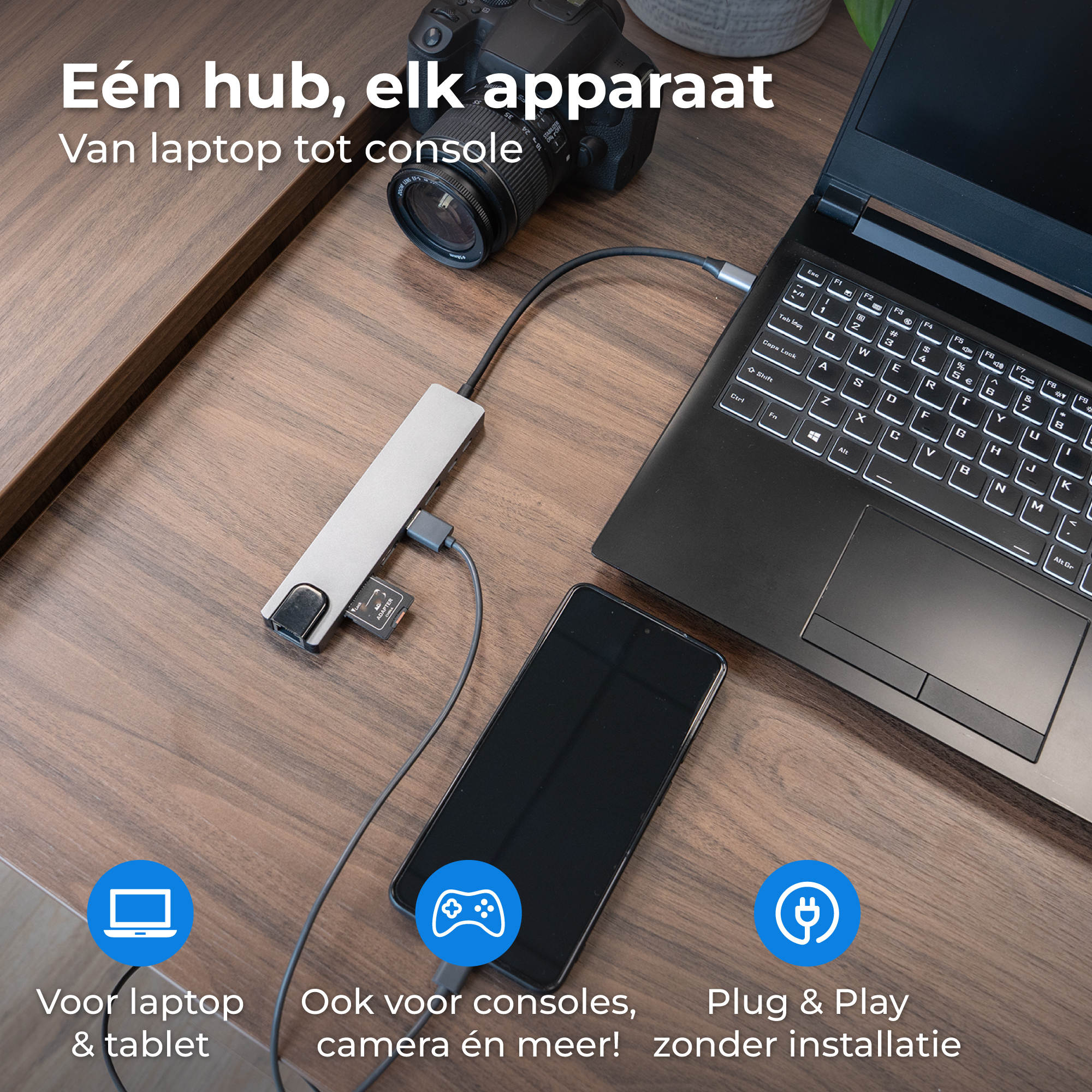 Een hub verbindt laptop, telefoon, camera en console. Plug & Play.
