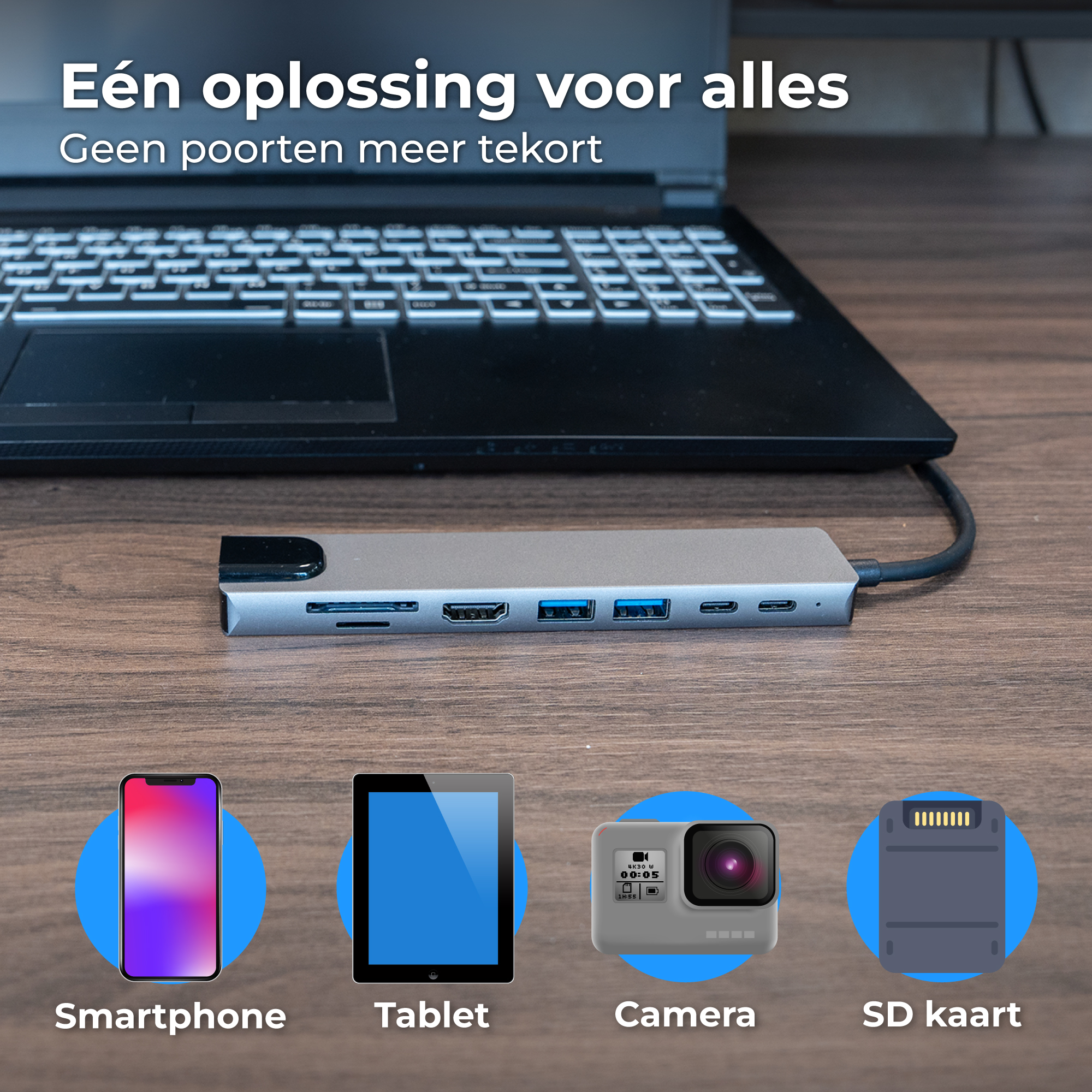 Een hub met laptop, smartphone, tablet, camera en SD-kaart.