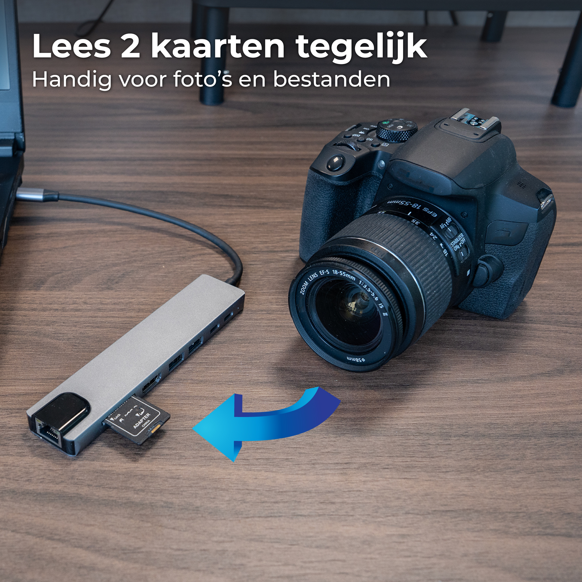 Een kaartlezer leest een SD-kaart, ernaast een camera. Een pijl wijst naar links.