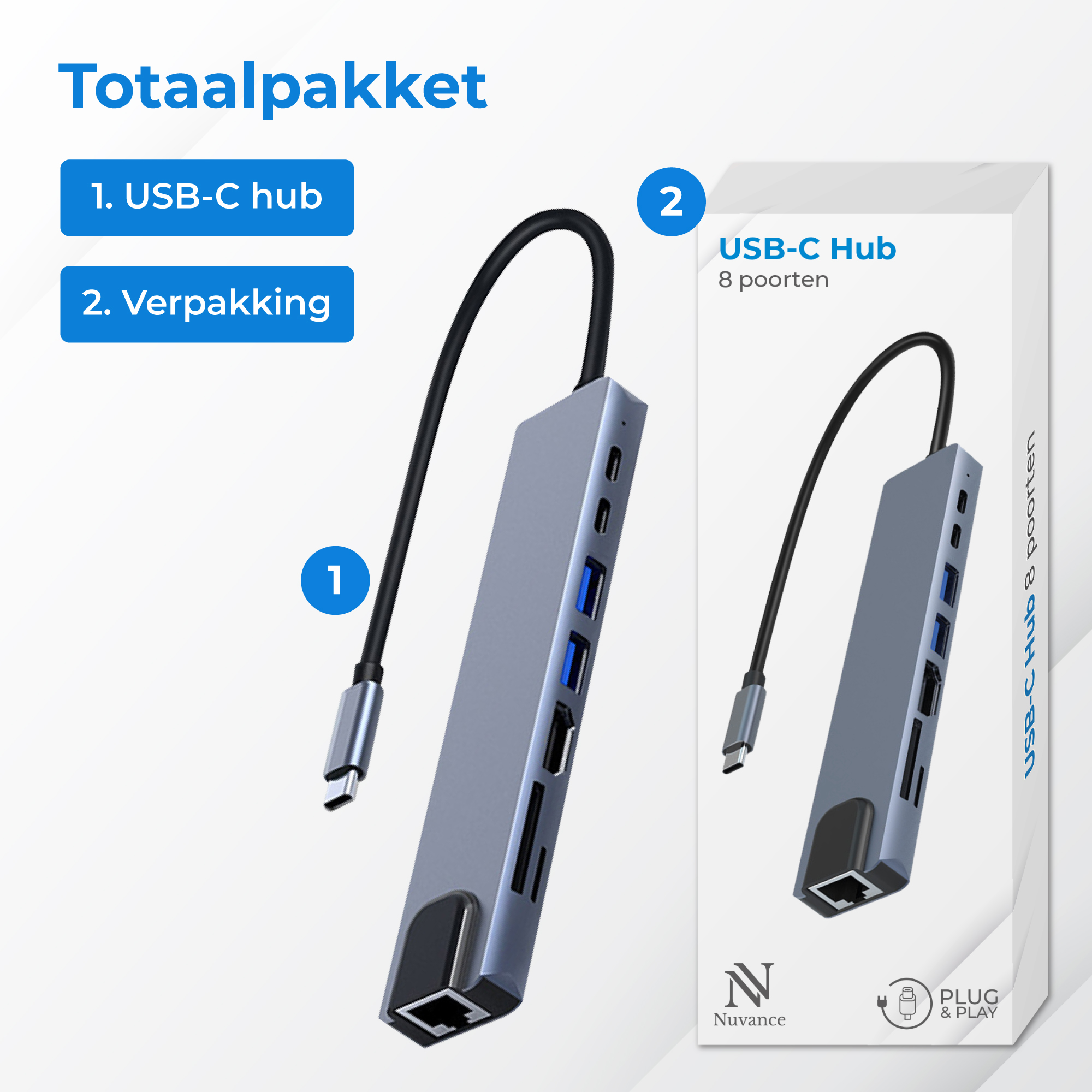 Grijze USB-C hub met kabel en poorten, naast de verpakking.