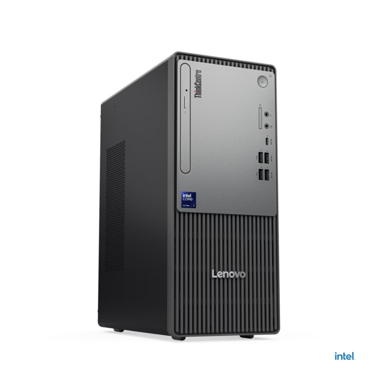 Gri ön panele ve Intel Core i7 etiketi olan siyah bir Lenovo tower PC.