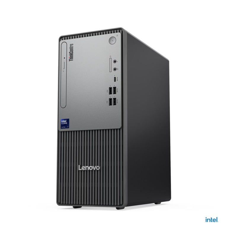 Beyaz zeminde Intel Core i7 etiketli gri Lenovo ThinkCentre masaüstü bilgisayar.