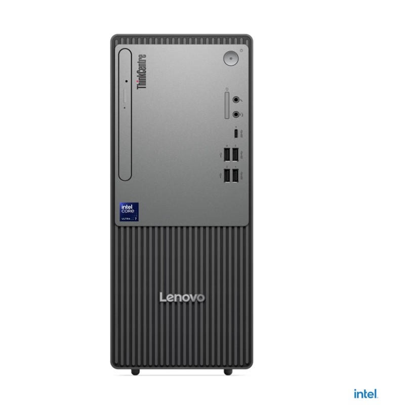 Intel Core Ultra 7 işlemci logosuna sahip gri Lenovo ThinkCentre kule PC. Ön portlar görünür.