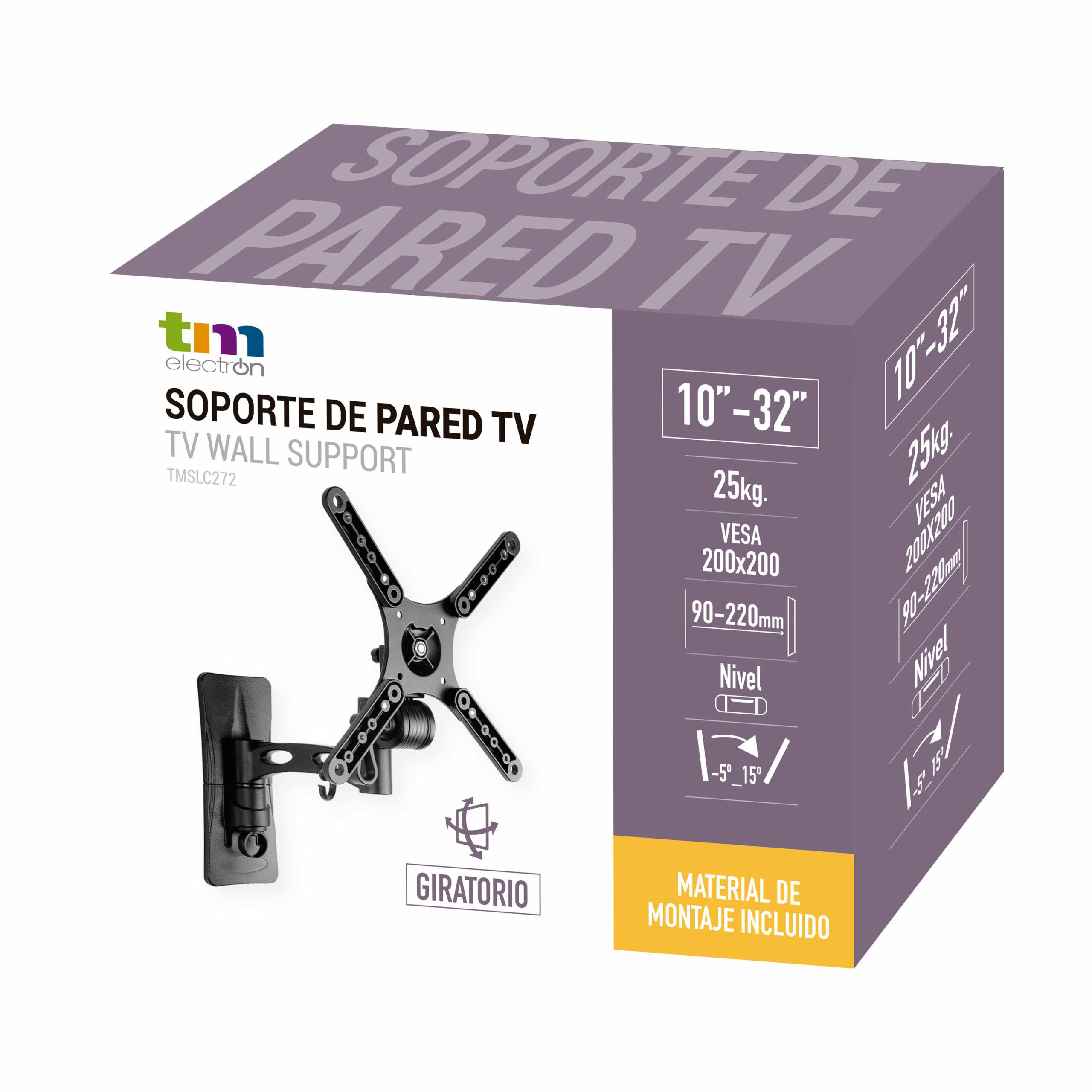 Soporte de pared para TV negro para pantallas de 10-32 pulgadas, soporta hasta 25kg.