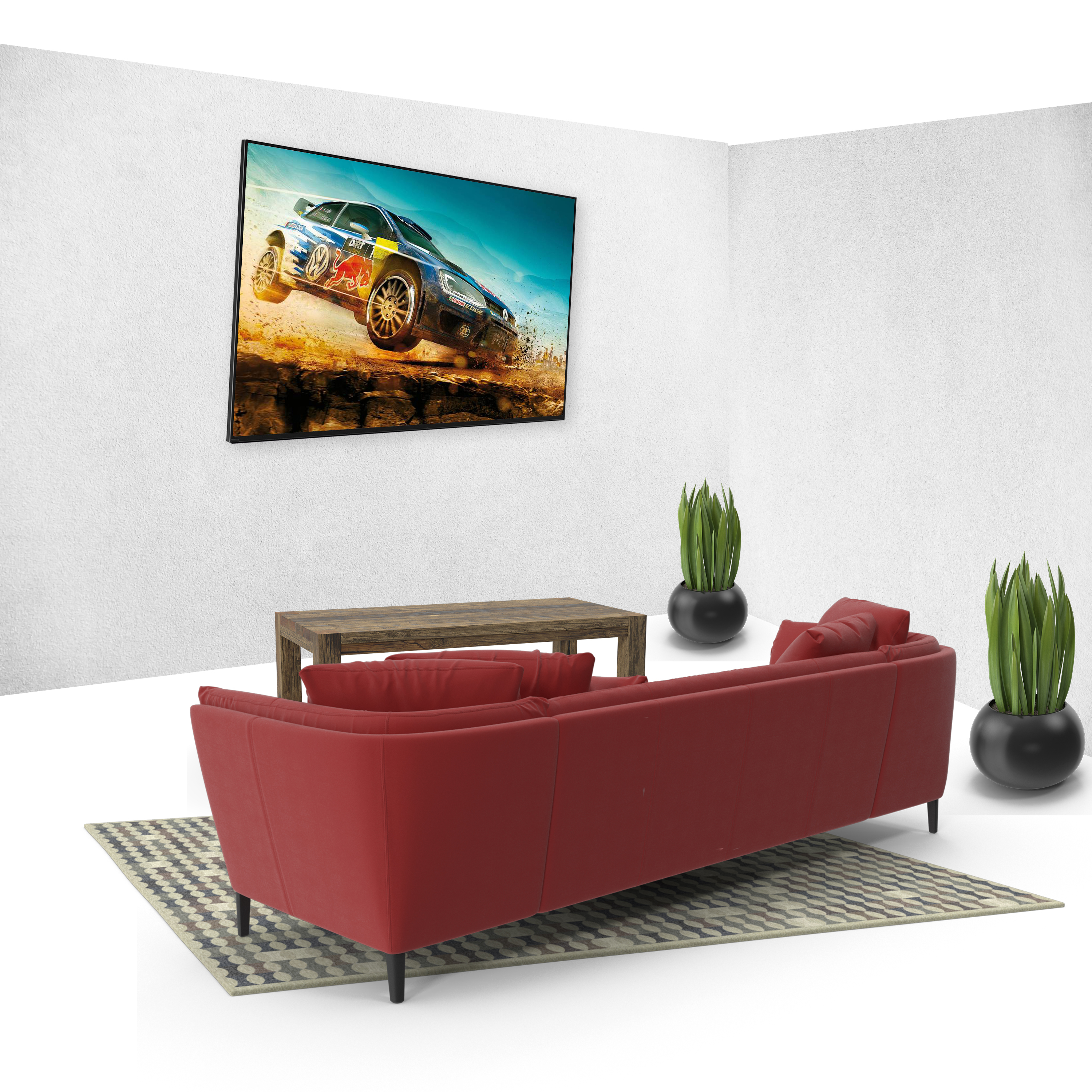 Un sofá rojo frente a una pantalla de TV con un coche de rally.