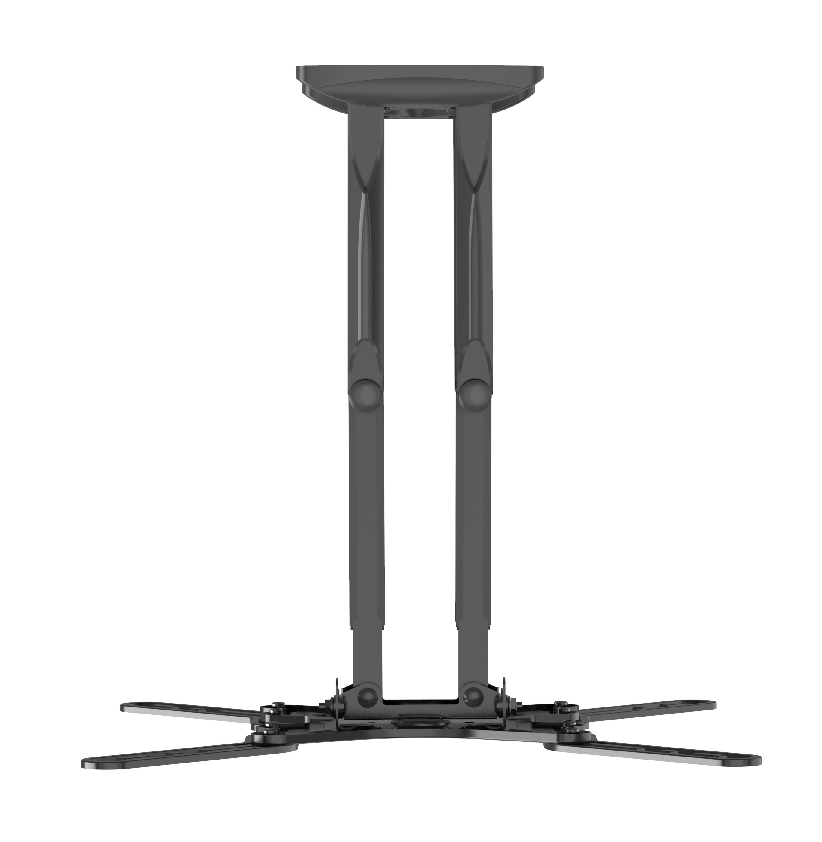 Een grijze tv-plafondbeugel met verstelbare armen en een brede voet.