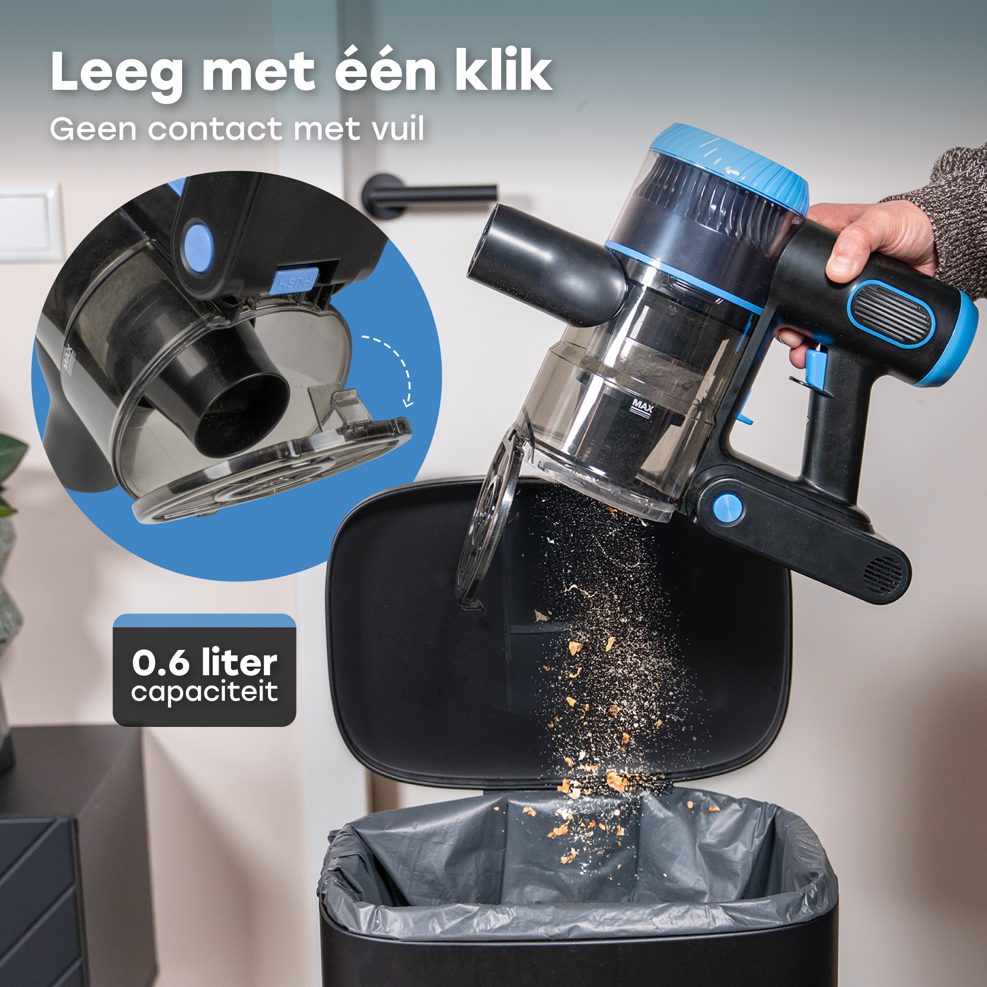 A handheld vacuum empties crumbs into a trash can. 0.6 liter capacity.