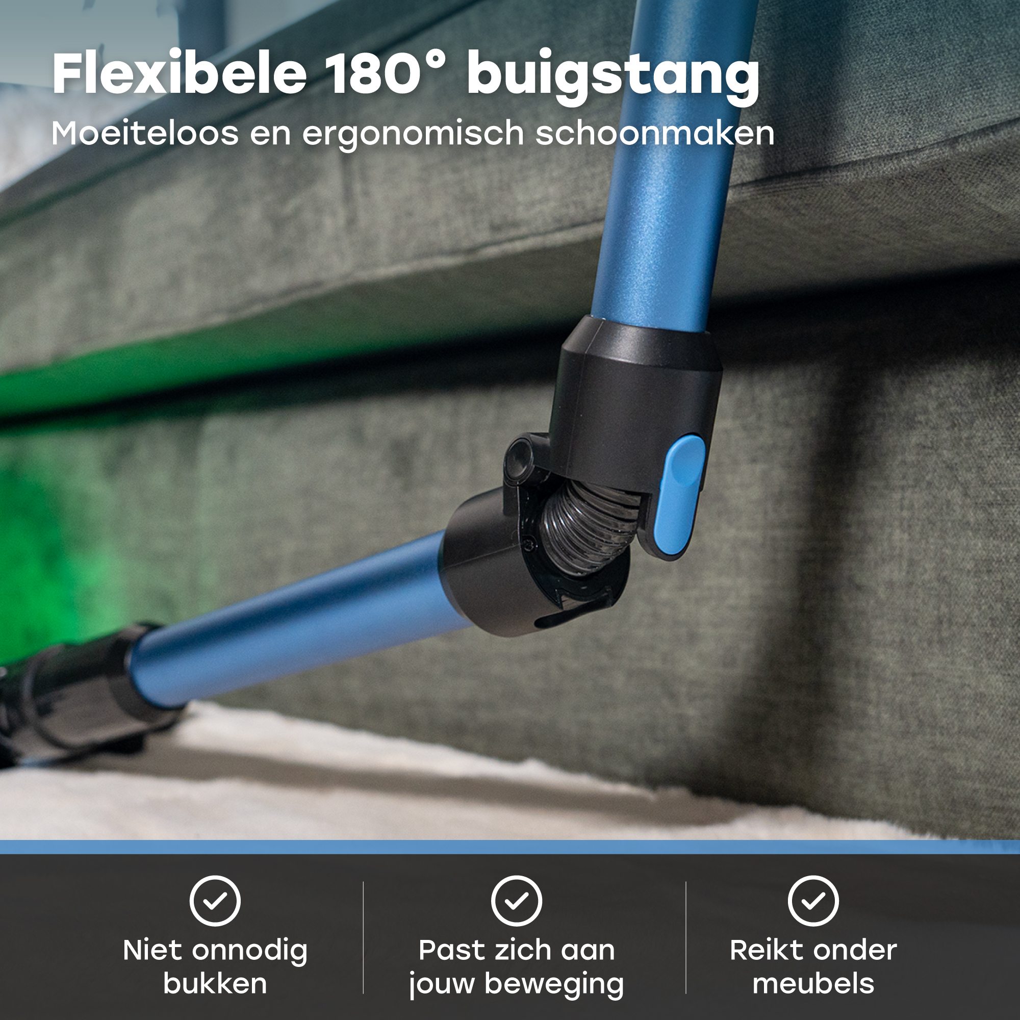 A blue vacuum cleaner arm with a flexible joint on a sofa.