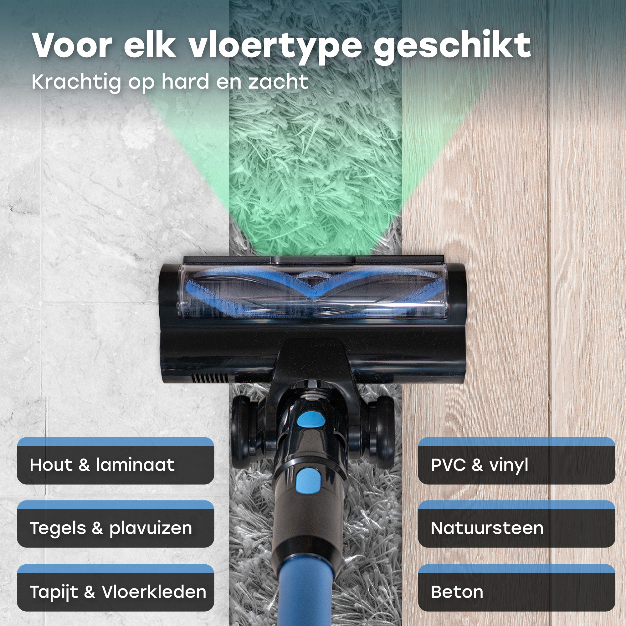 Vacuum cleaner head on various floors: wood, tile, carpet, vinyl, stone, concrete.