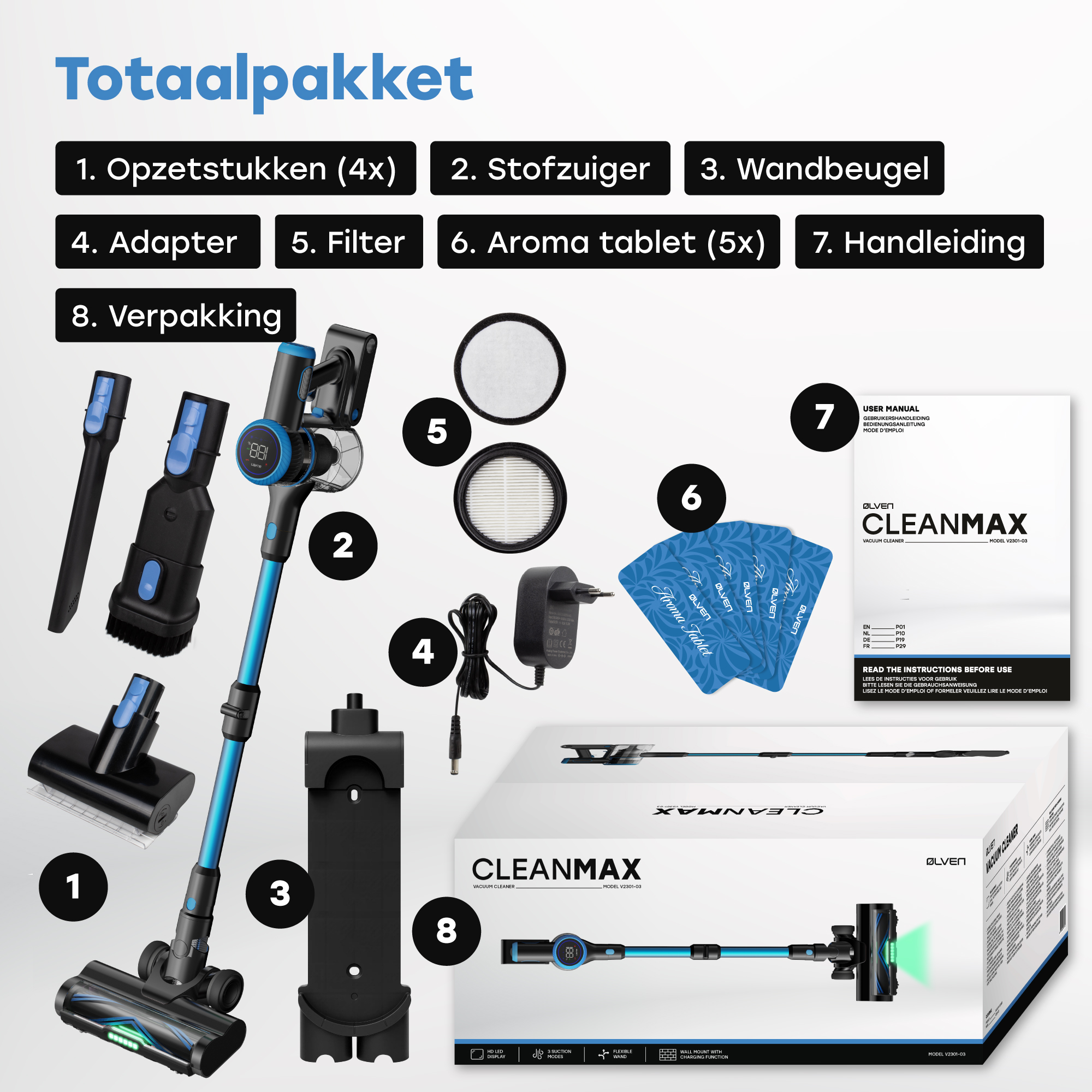 Blue and black vacuum cleaner with attachments, filters, adapter, and manual.