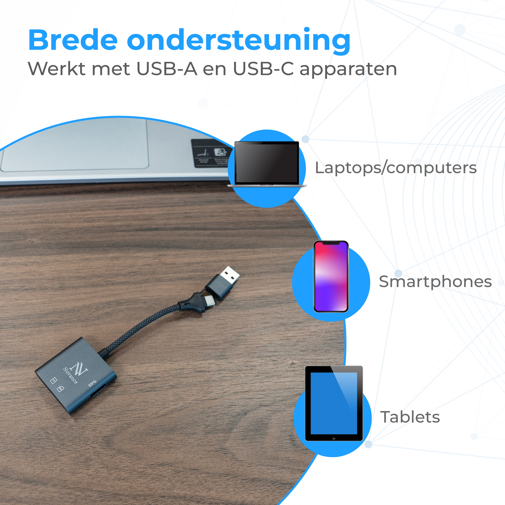 Adapter met USB-A- en USB-C-poorten voor laptops, smartphones en tablets.