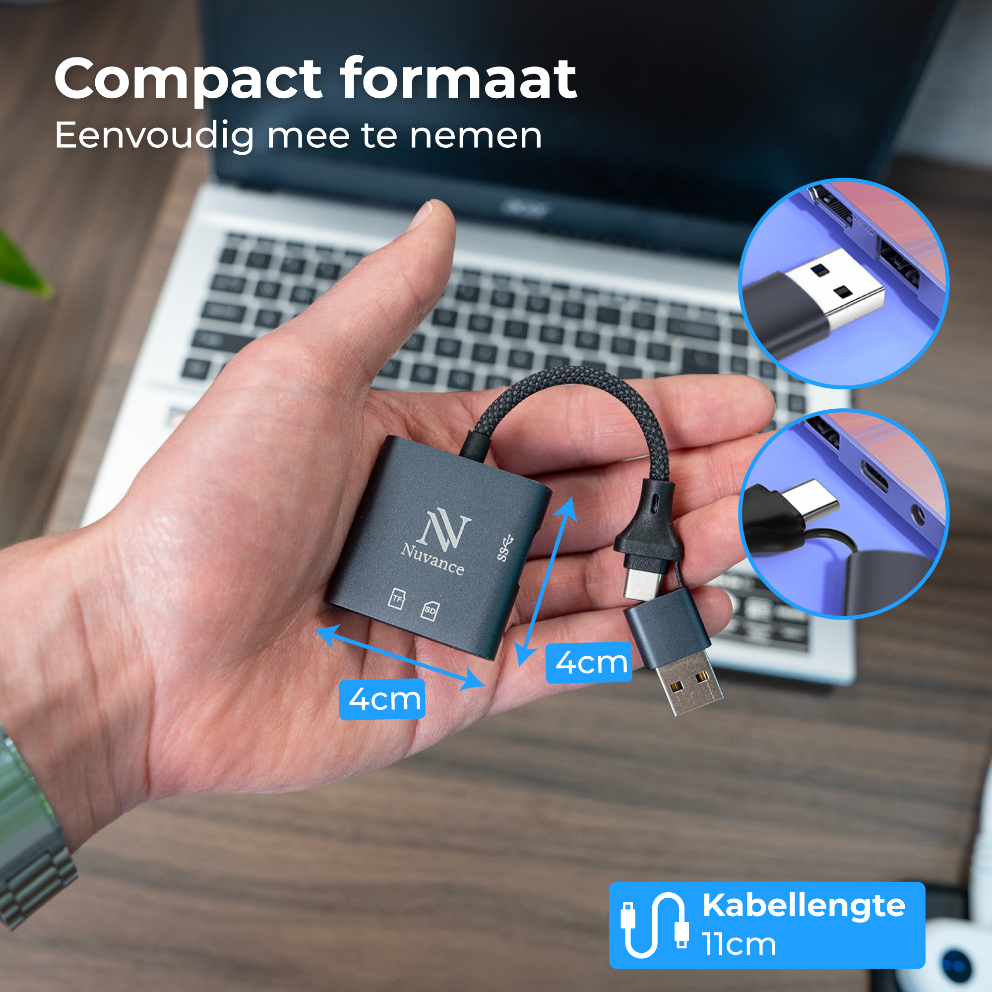 Een Nuvance USB-C hub in de hand, 4cm afmetingen. Een laptop op de achtergrond.