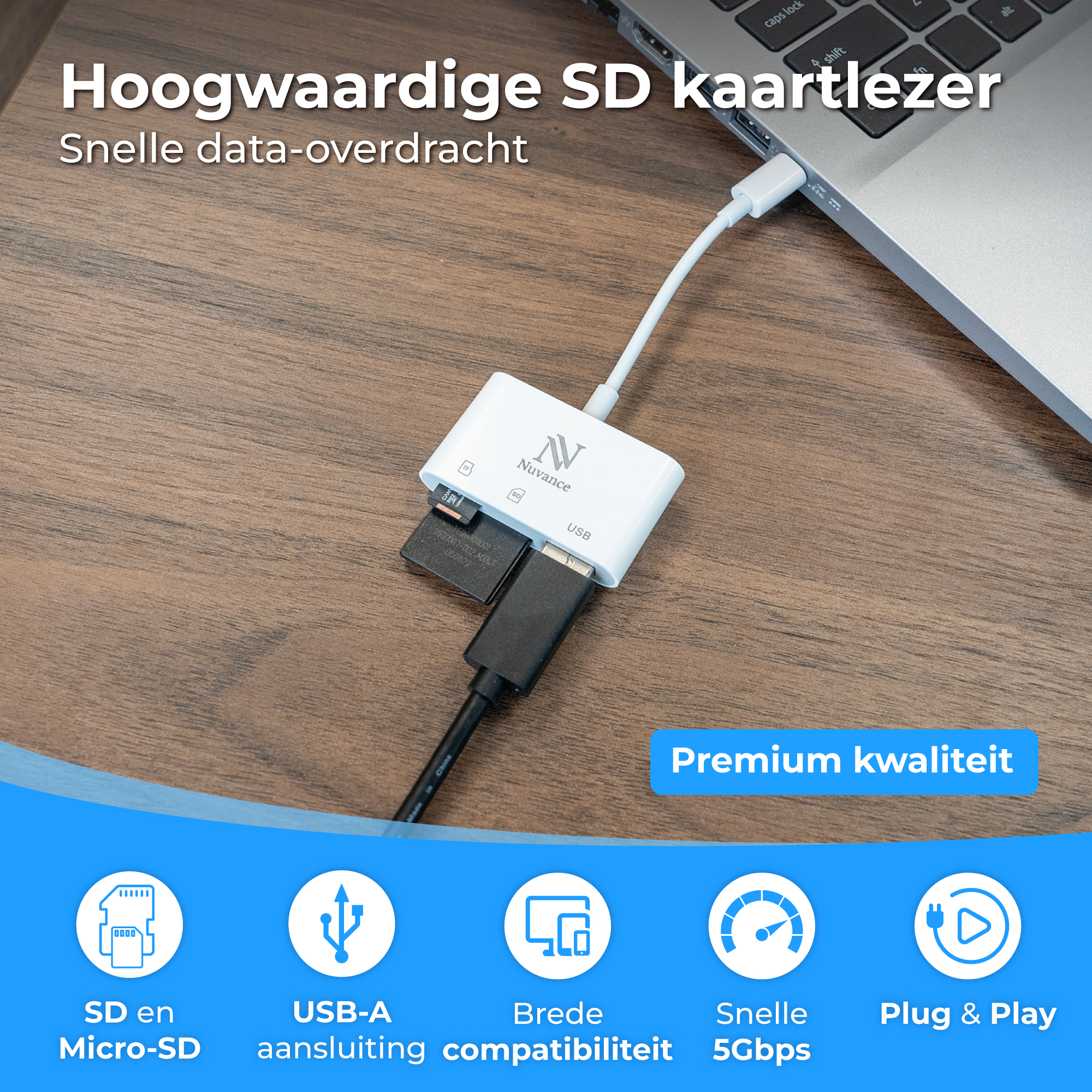 Een witte SD-kaartlezer met SD-, Micro-SD- en USB-A-poorten, verbonden met een laptop.