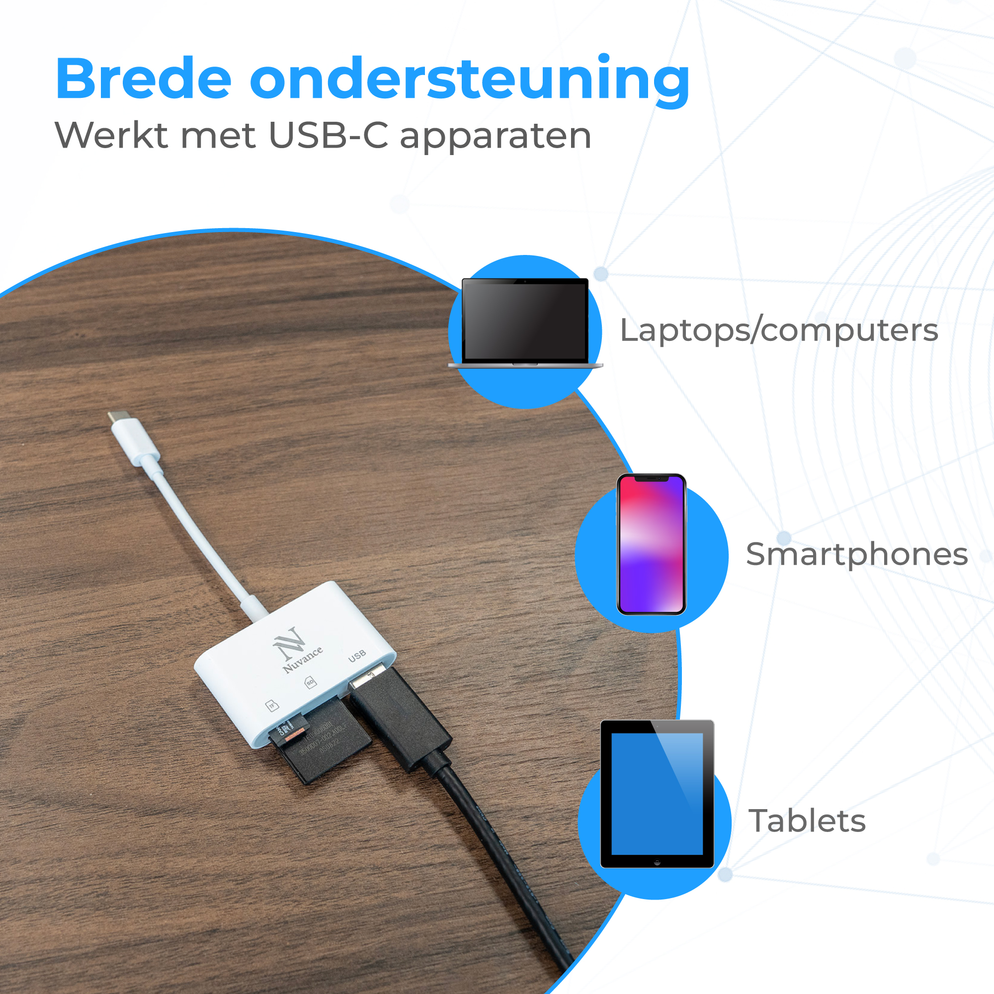 Een USB-C hub met SD-kaart, laptop, smartphone en tablet.