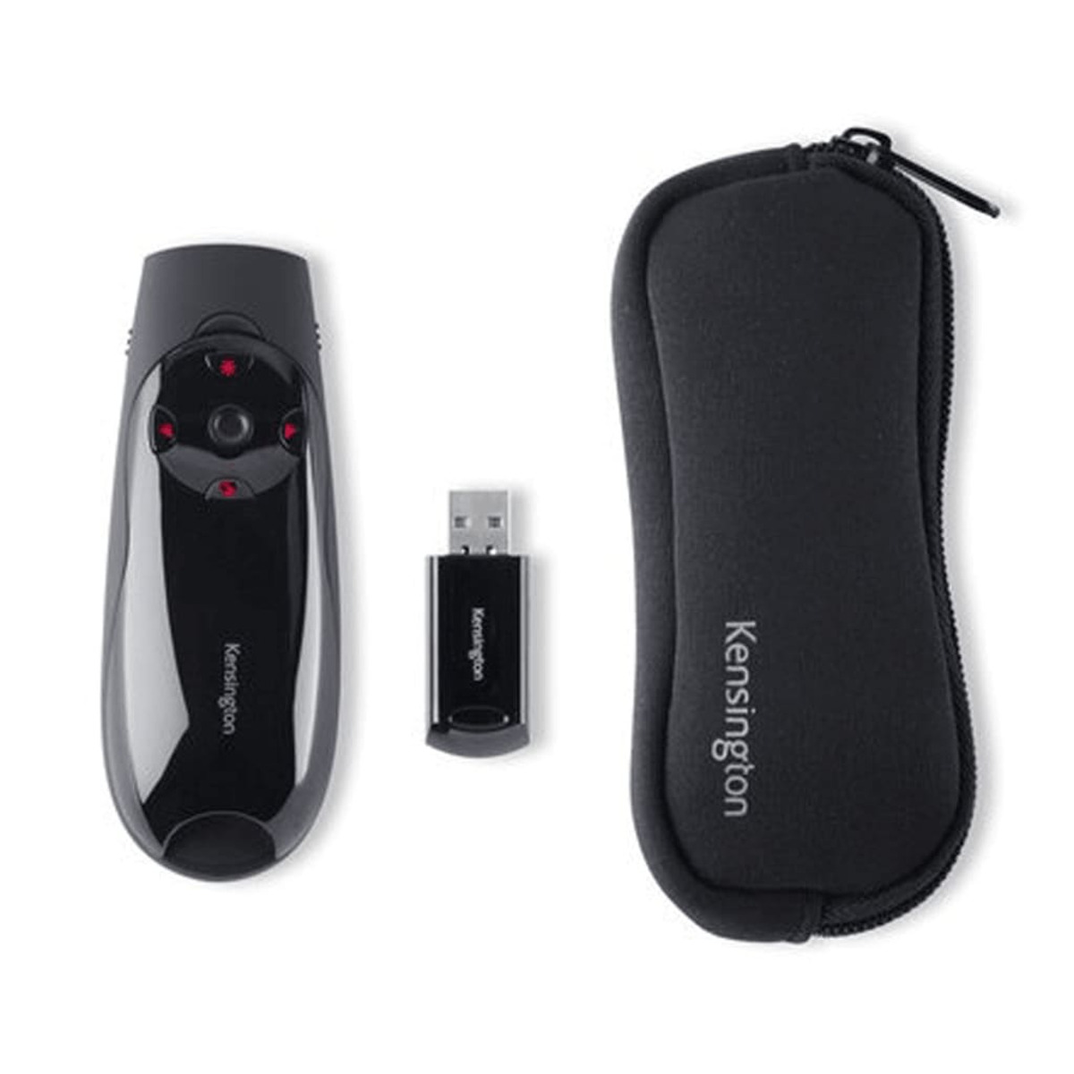 Schwarzer Presenter, USB-Empfänger und Neoprenhülle mit Reißverschluss.