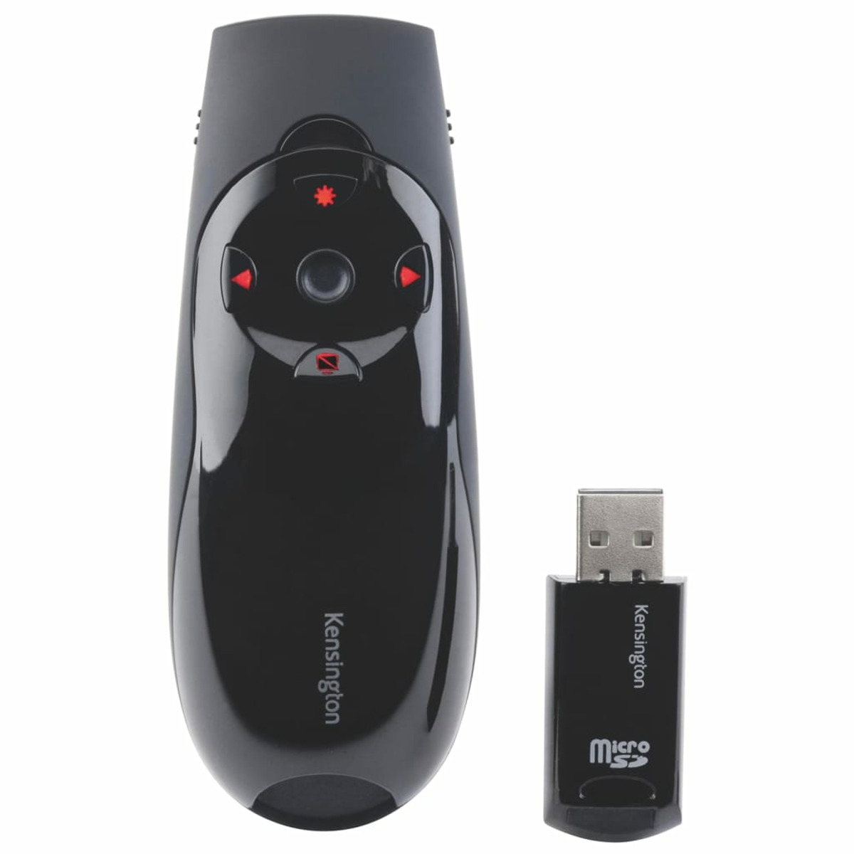 Schwarzer Presenter und USB-Empfänger auf weißem Hintergrund.