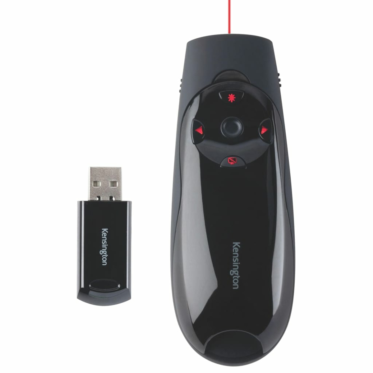 Schwarzer Präsentationsklicker mit USB-Empfänger und rotem Laserpunkt.