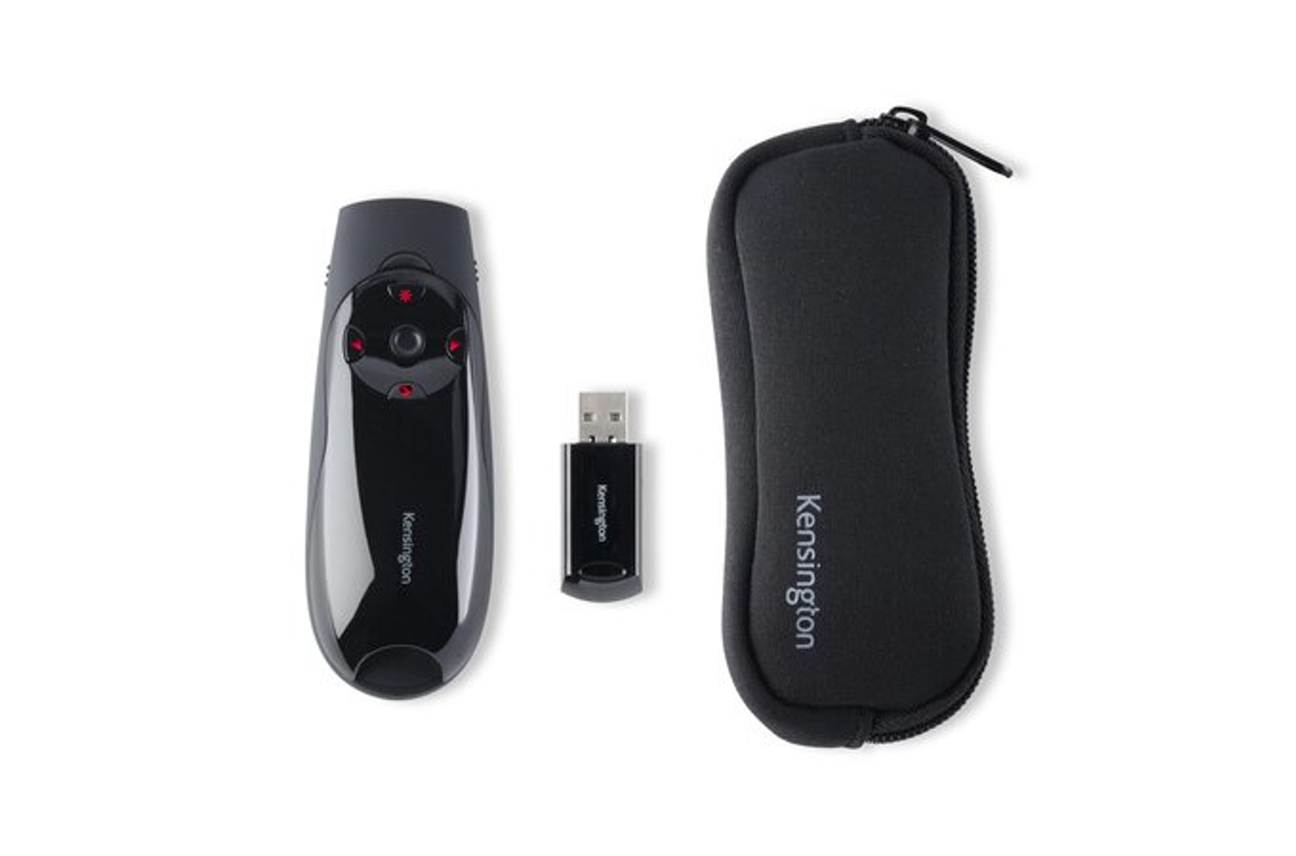 Ein schwarzer Presenter, USB-Empfänger und eine Hülle von Kensington.