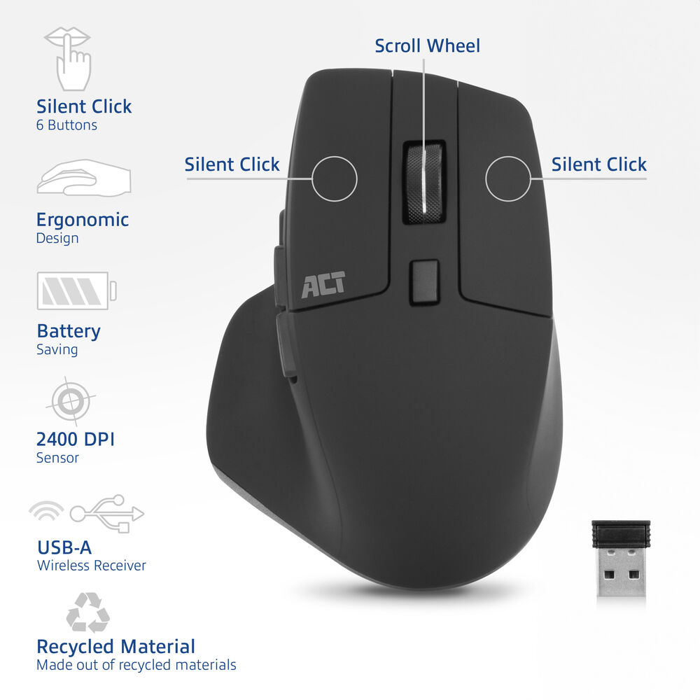 Black ergonomic computer mouse with scroll wheel, silent click buttons, and USB receiver.