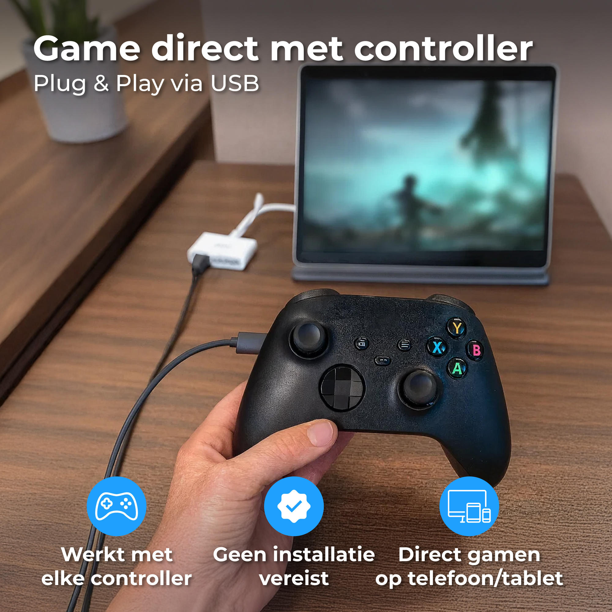 Een controller is aangesloten op een tablet met een game.