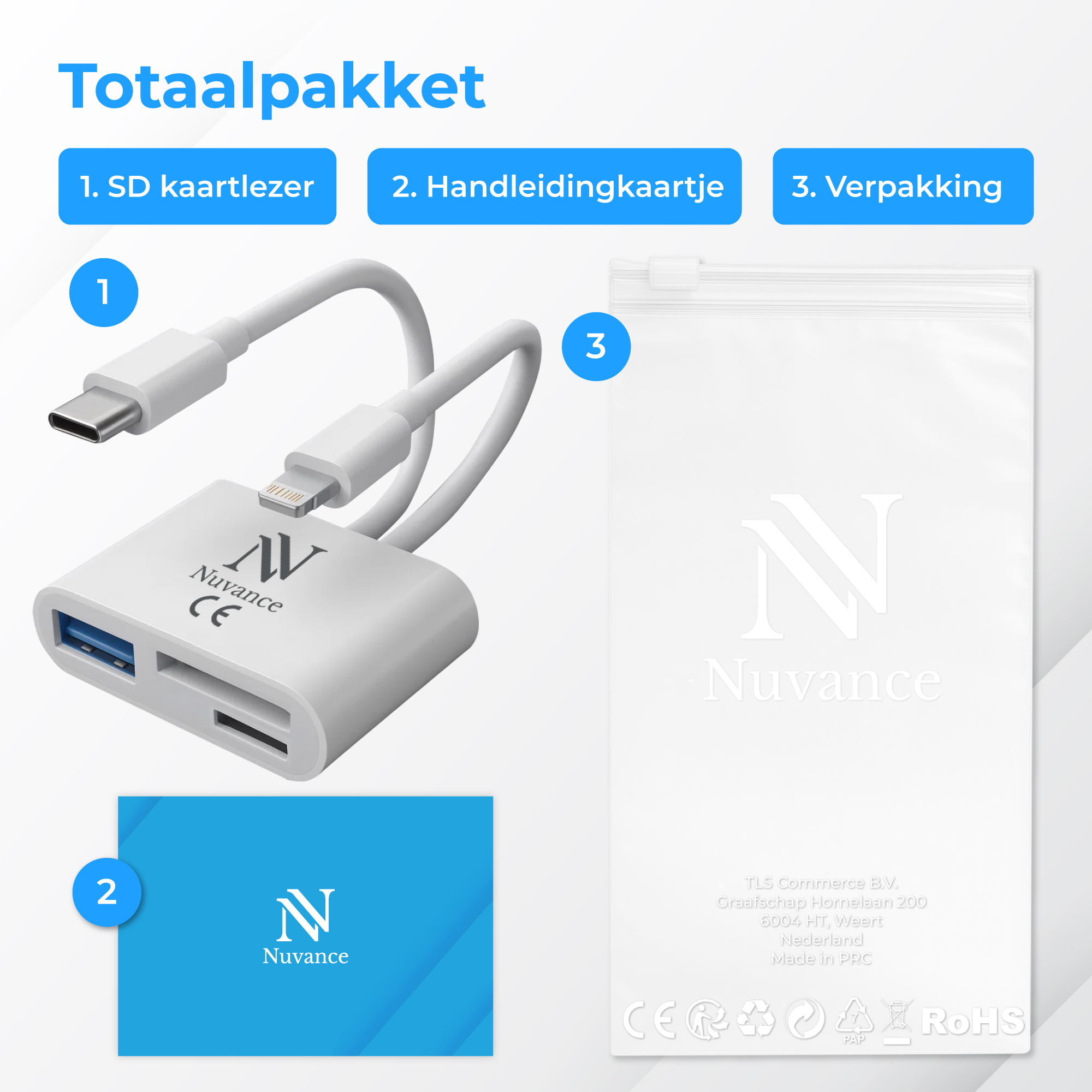 Een witte SD-kaartlezer met USB-C en Lightning-aansluitingen, een kaart en verpakking.
