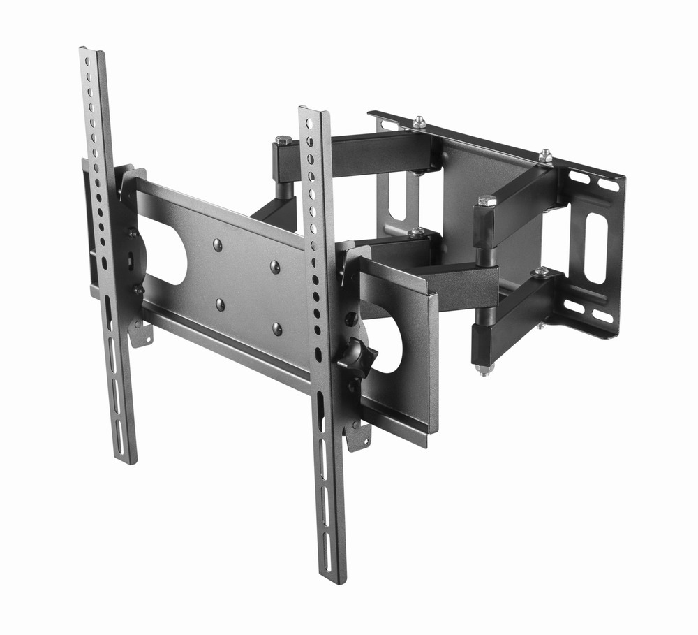 A black, adjustable articulating TV wall mount, isolated on a white background.