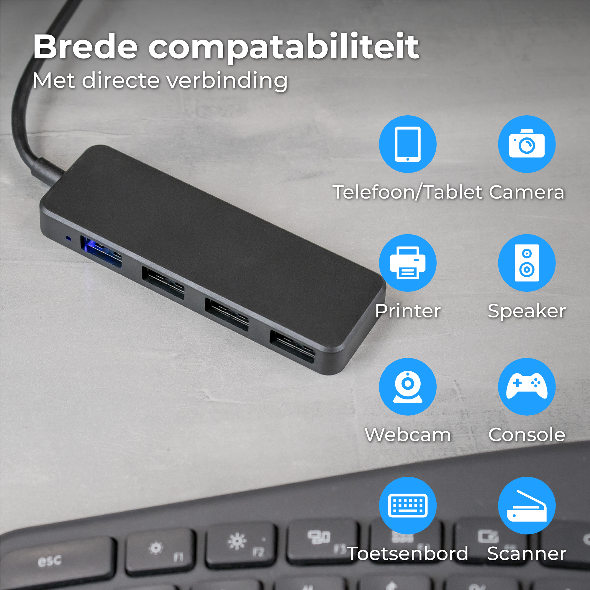 Zwarte USB-hub met poorten en iconen voor telefoons, printers, camera's, luidsprekers, webcams, consoles en scanners.