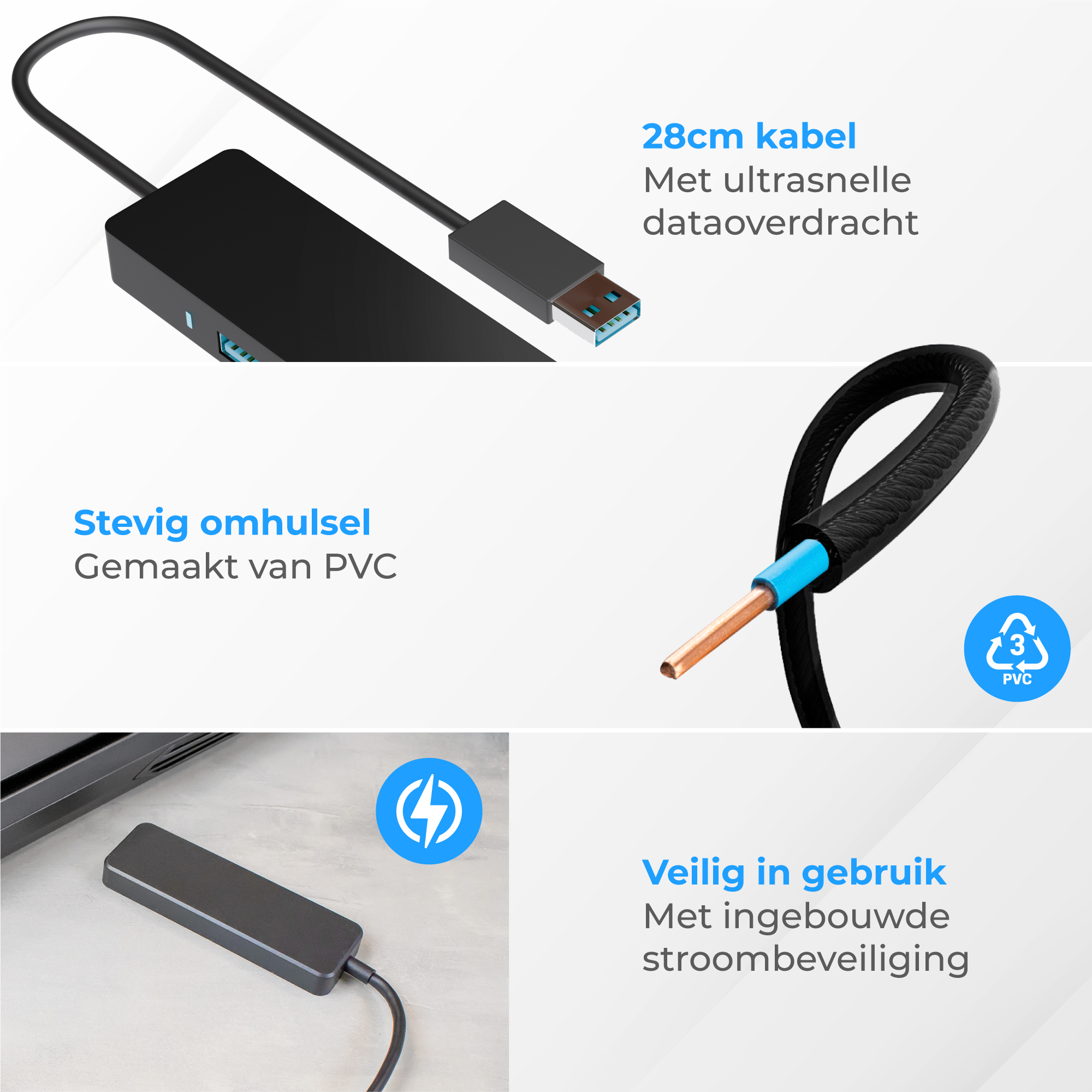 Een zwarte USB-hub met kabel, PVC-omhulsel en stroombeveiliging.