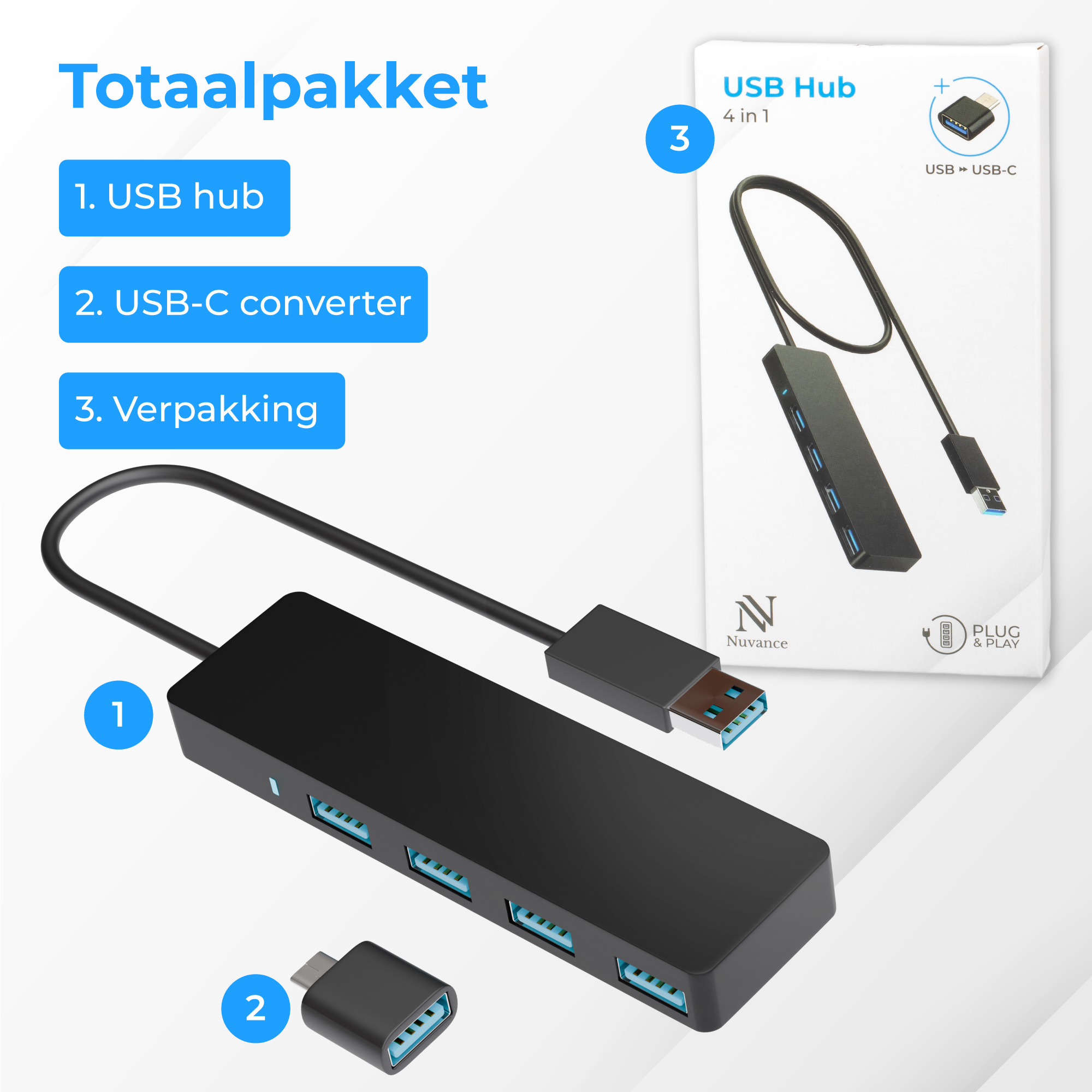 Zwarte 4-poorts USB-hub en USB-C-converter, verpakt.
