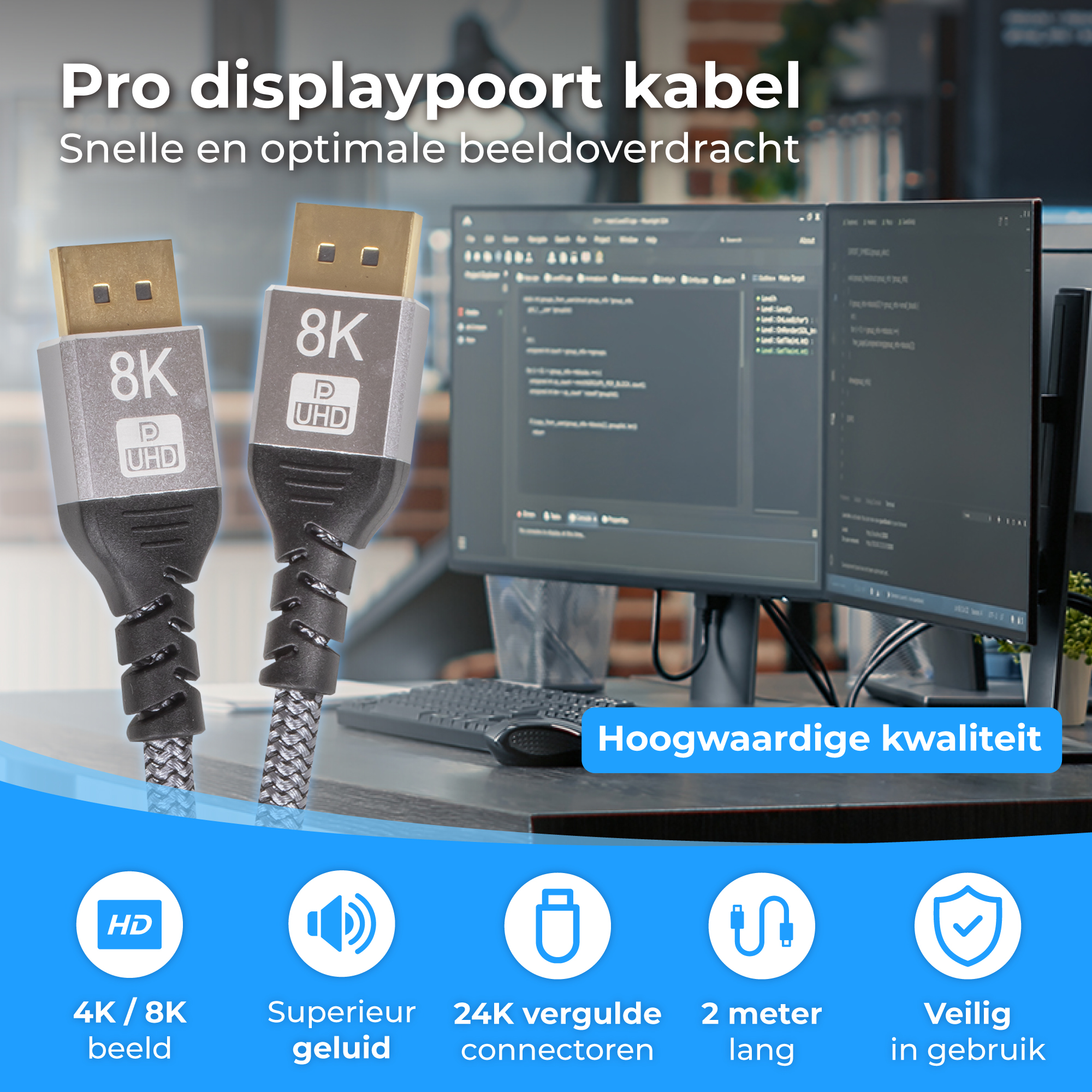 Twee 8K DisplayPort-kabels met gouden connectoren staan voor een computerscherm.
