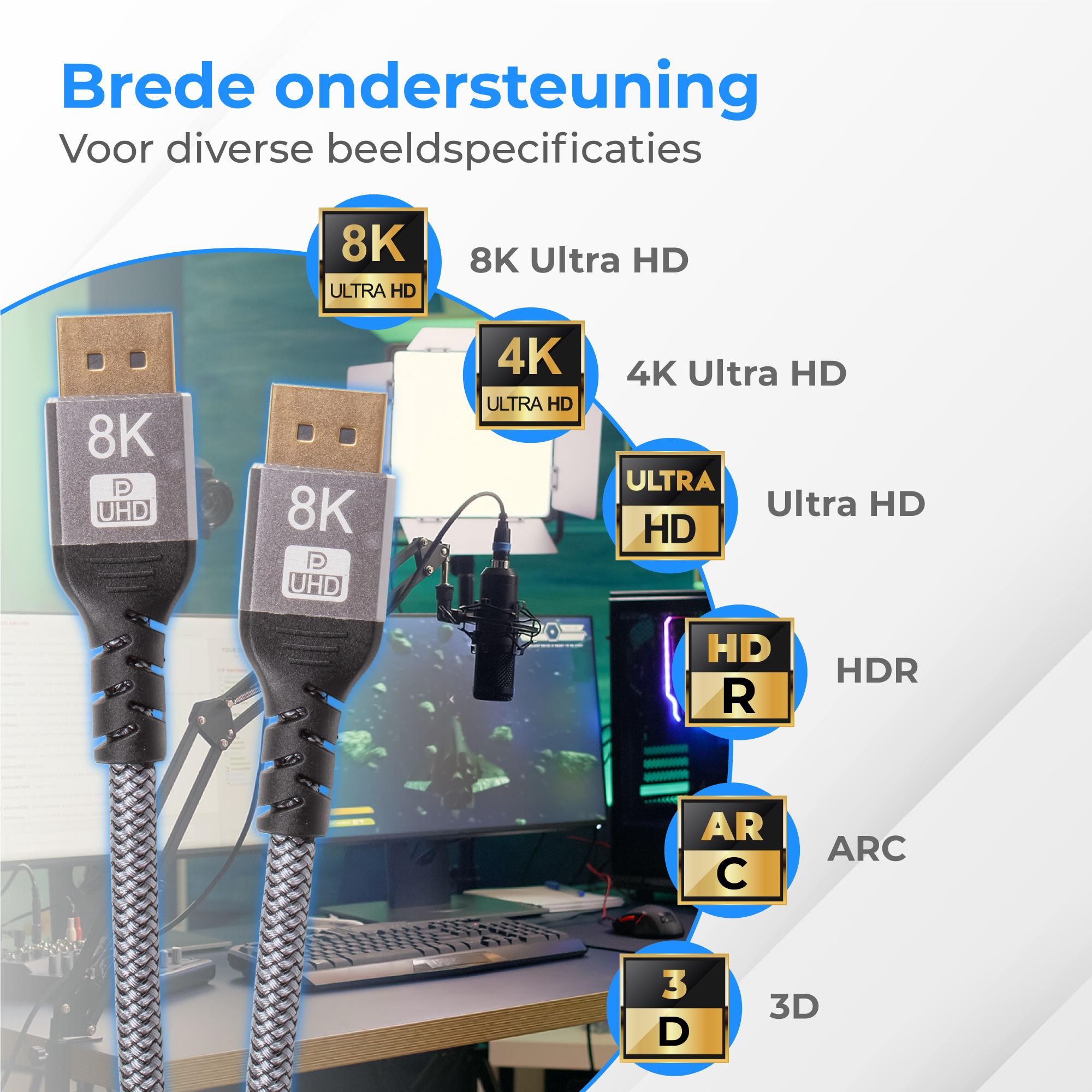 Twee 8K-kabels met gouden connectoren, naast logo's voor 8K, 4K, UHD, HDR, ARC, 3D.