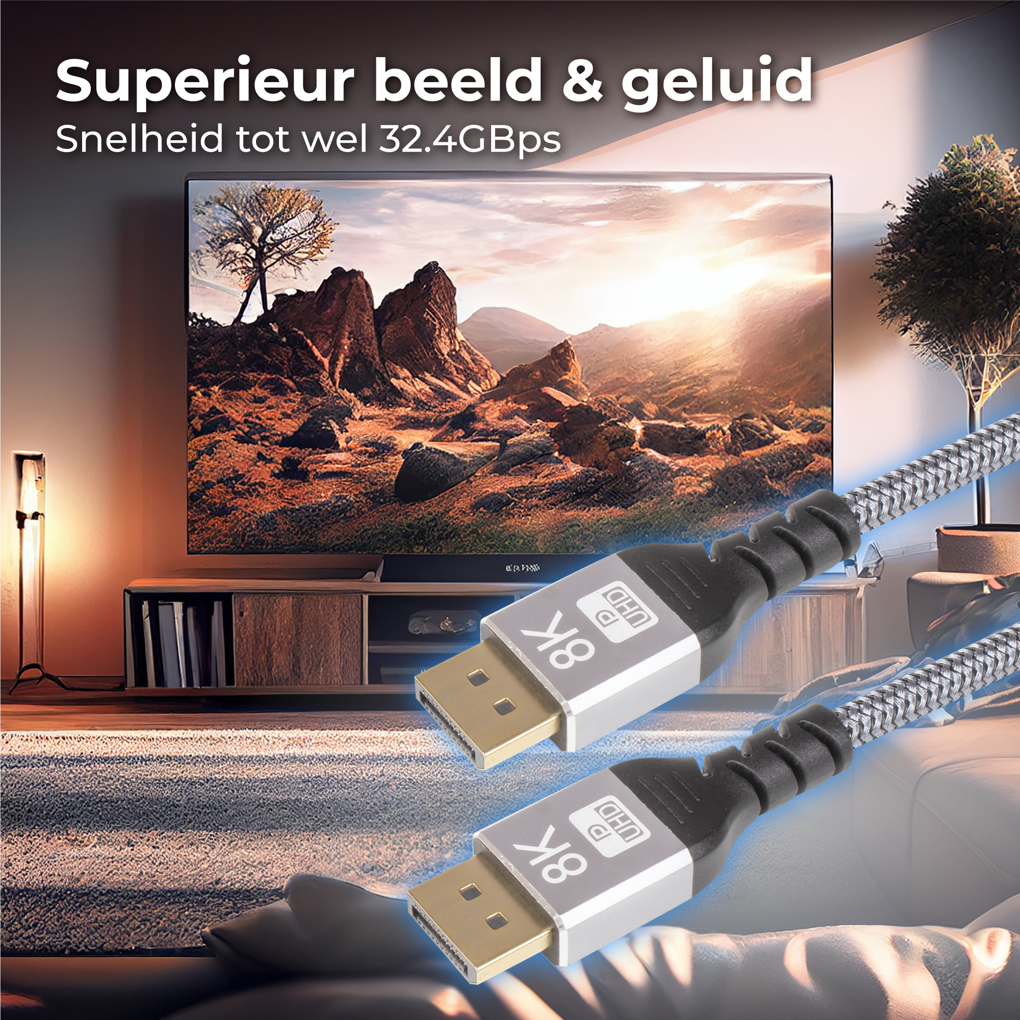 Een 8K UHD kabel voor een tv met landschap.